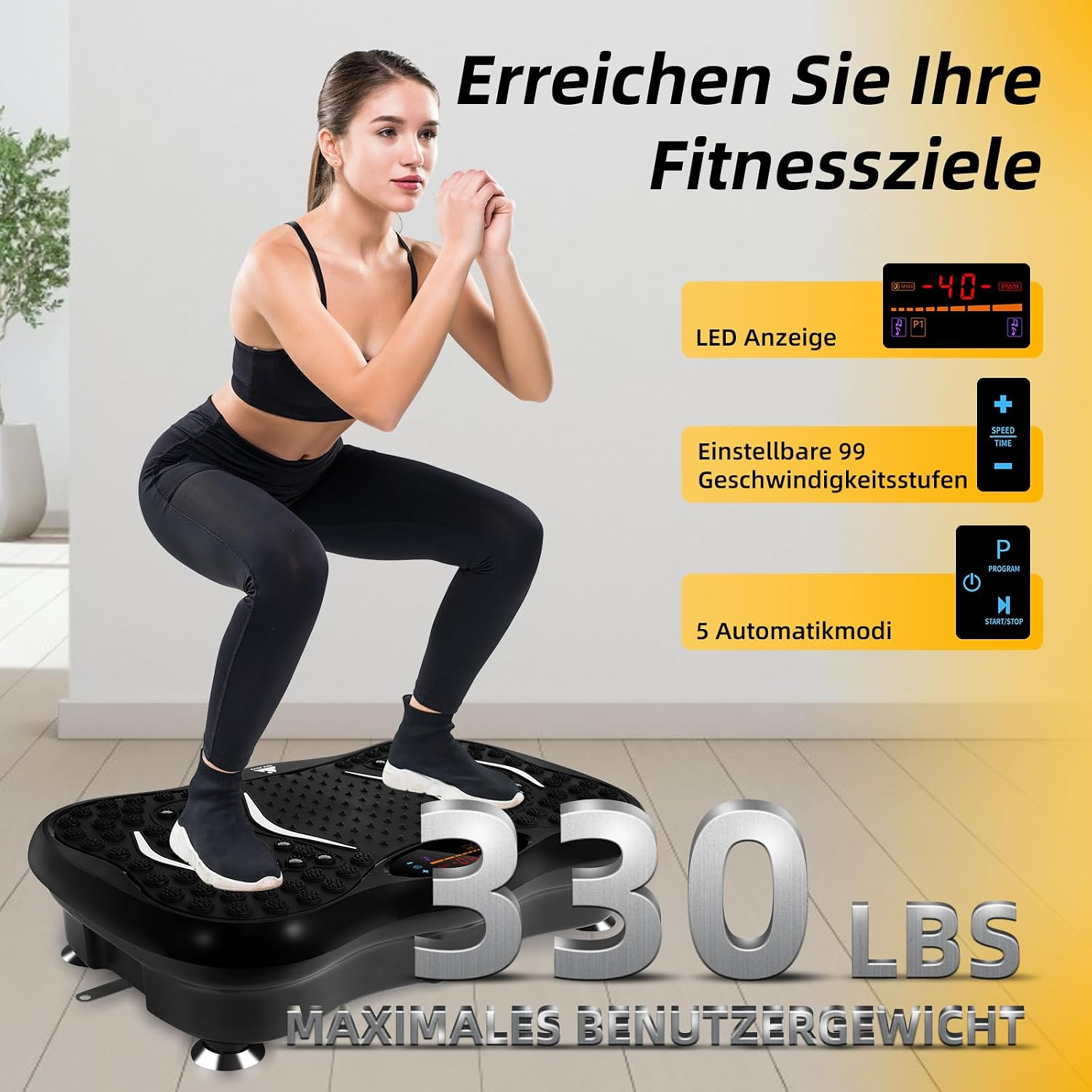 Eine Frau in Sportkleidung macht Kniebeugen auf einer schwarzen Vibrationsplatte.
