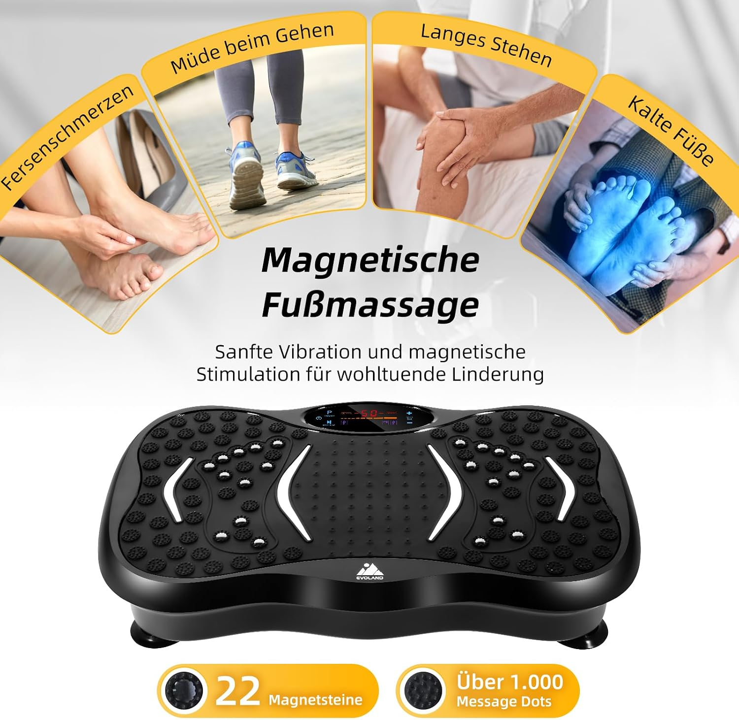 Produktwerbung für magnetische Fußmassage mit Vibration, um Schmerzen und kalte Füße zu lindern.