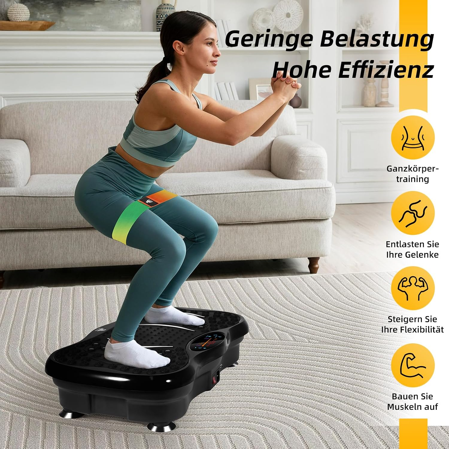 Eine Frau macht Kniebeugen auf einer Vibrationsplatte mit Widerstandsband und Text.