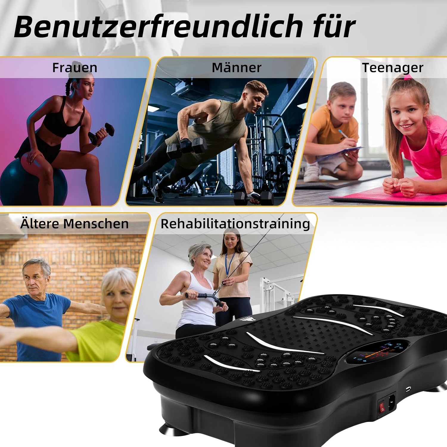 Eine Vibrationsplatte und verschiedene Menschen in unterschiedlichen Altersgruppen beim Training.