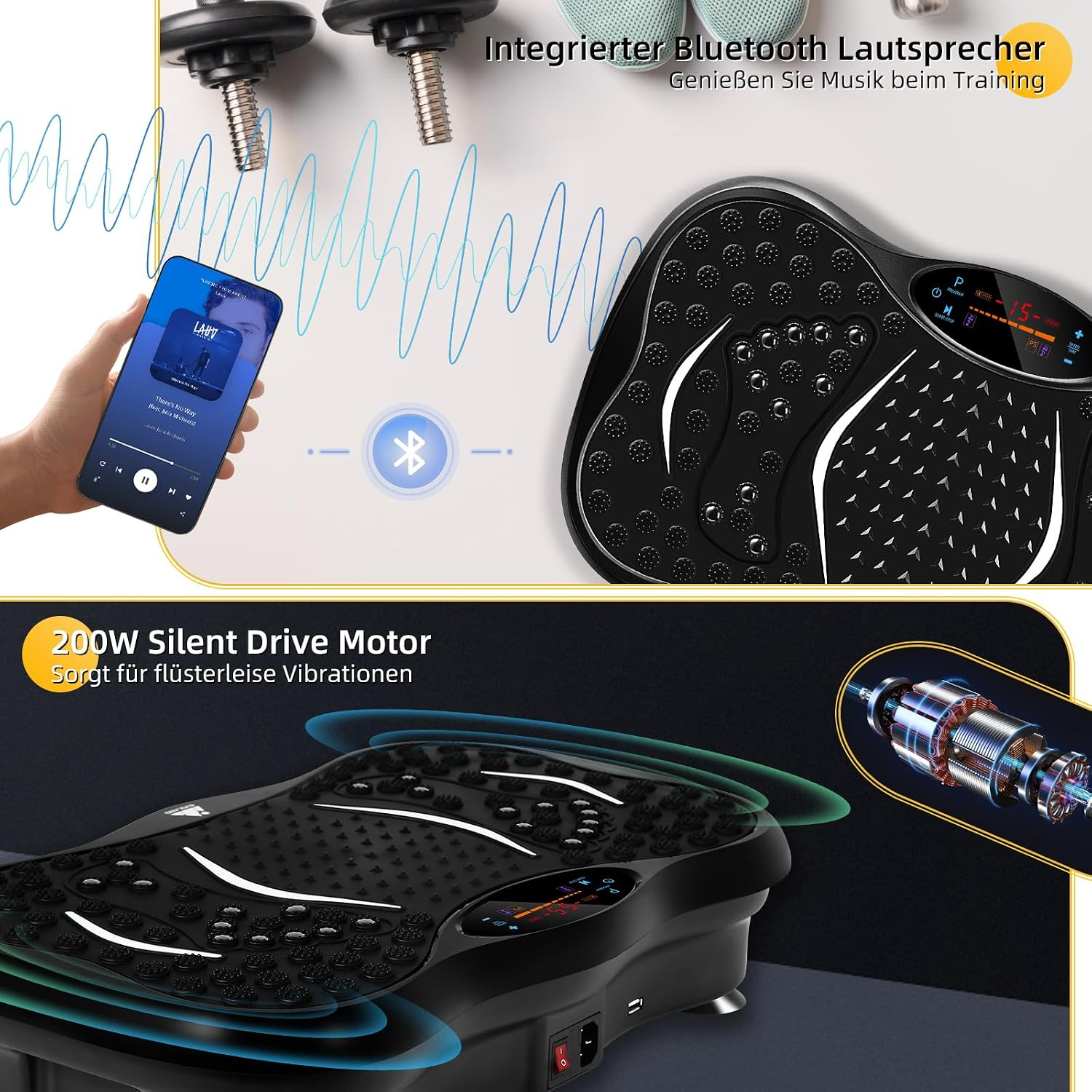 Eine schwarze Vibrationsplatte mit Bluetooth, Smartphone und einem leisen 200W-Motor.