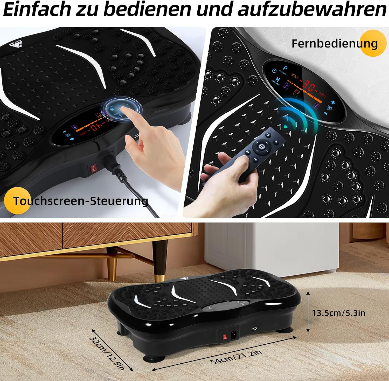 Schwarze Vibrationsplatte mit Touchscreen, Fernbedienung und Maßen von 54x32x13.5cm auf einem Teppich.