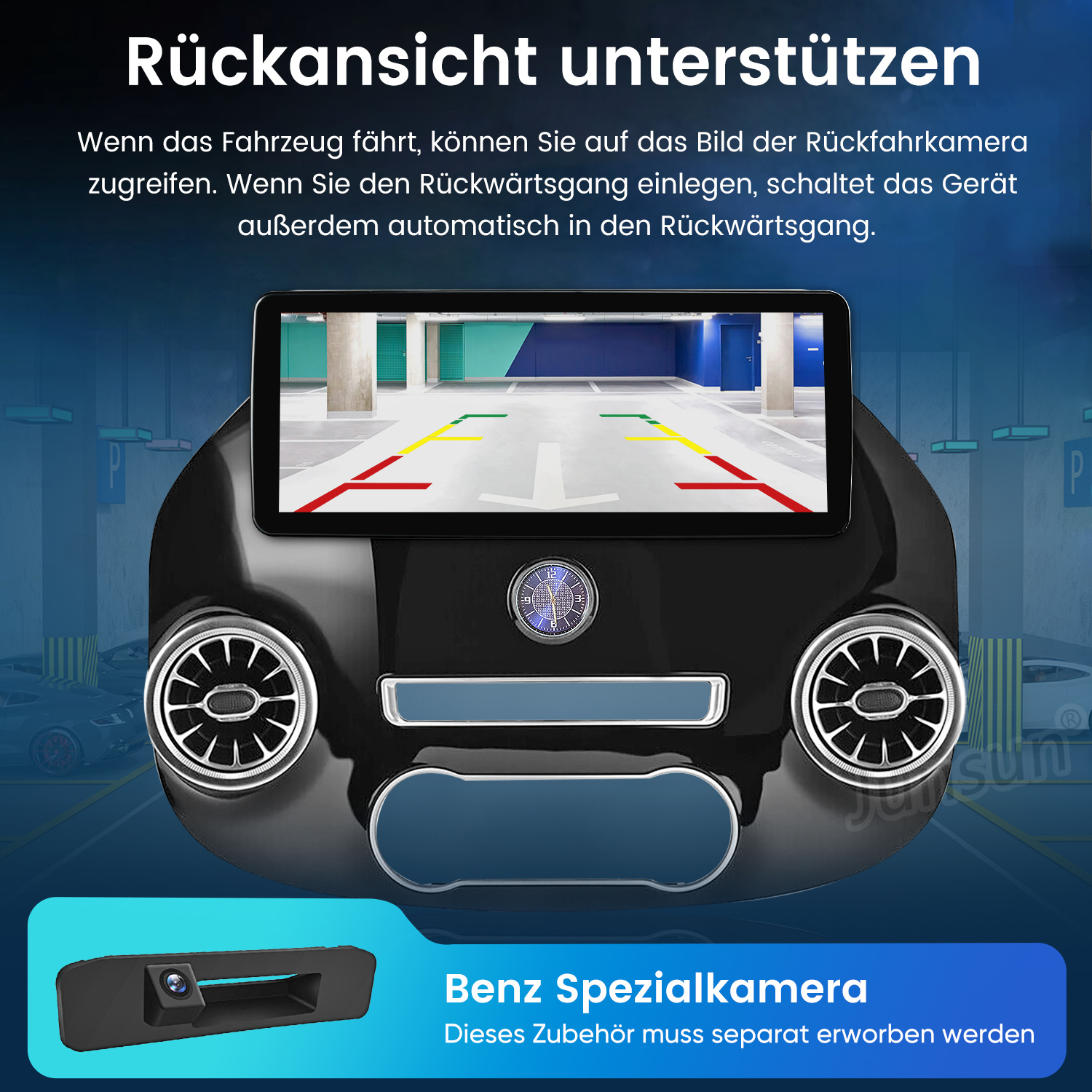 Autodisplay zeigt die Rückfahrkameraansicht mit Parklinien in einer Tiefgarage.