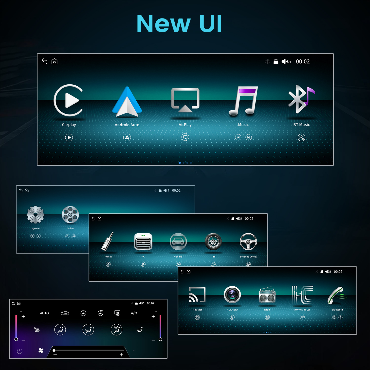 Moderne Autoschnittstelle mit Icons für CarPlay, Android Auto, AirPlay und Musik auf dunkelblauem Hintergrund.