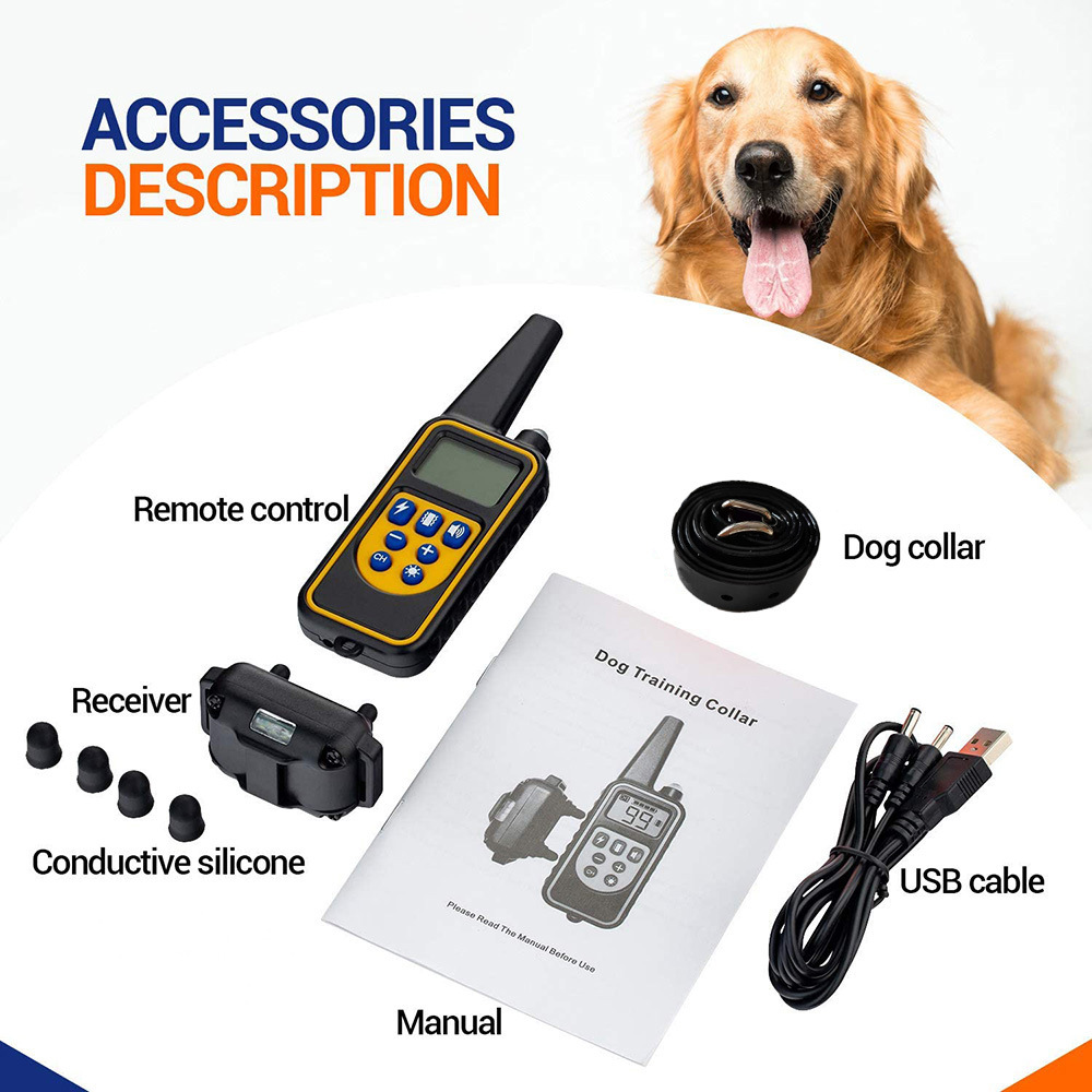 Zubehör für Hundeausbildungshalsband, einschließlich Fernbedienung, Empfänger, Silikonkappen, Handbuch, USB-Kabel und Halsband.