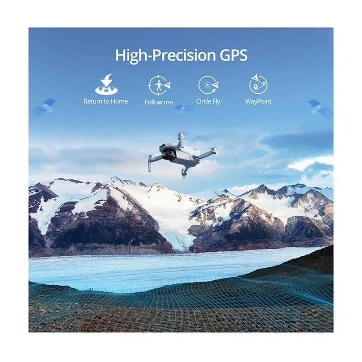 Eine Drohne fliegt über einer Berg- und Gletscherlandschaft unter blauem Himmel mit GPS-Funktionssymbolen.