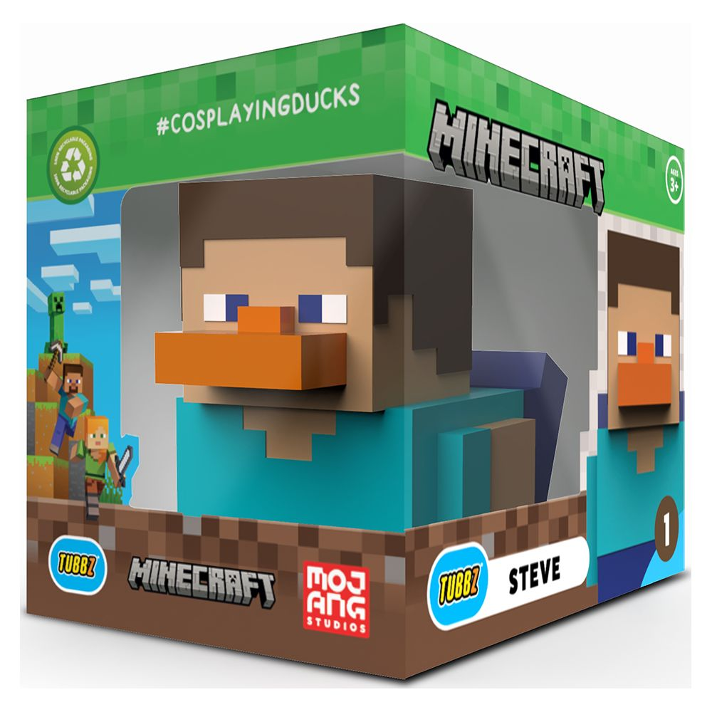 Minecraft Steve Tubbz Ente in einer grün-braunen Sammlerbox mit Minecraft- und Mojang-Logos.