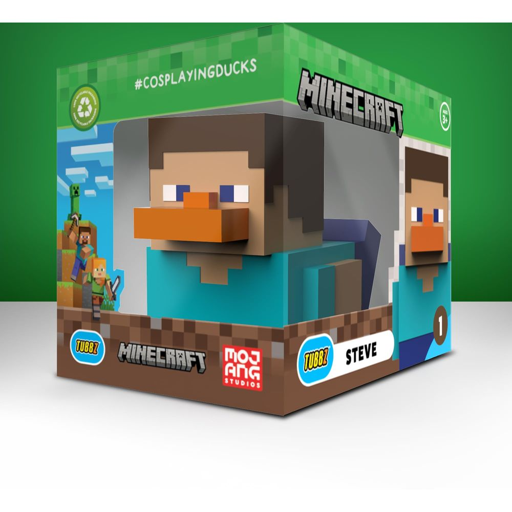 Minecraft Steve Tubbz Ente in verpackter Box vor grünem Hintergrund.