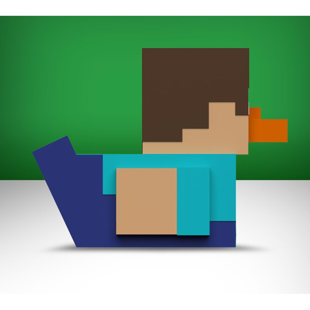 Eine verpixelte Entenfigur wie Minecraft Steve mit braunen Haaren, orangeem Schnabel, blauem Körper und grünem Hintergrund.