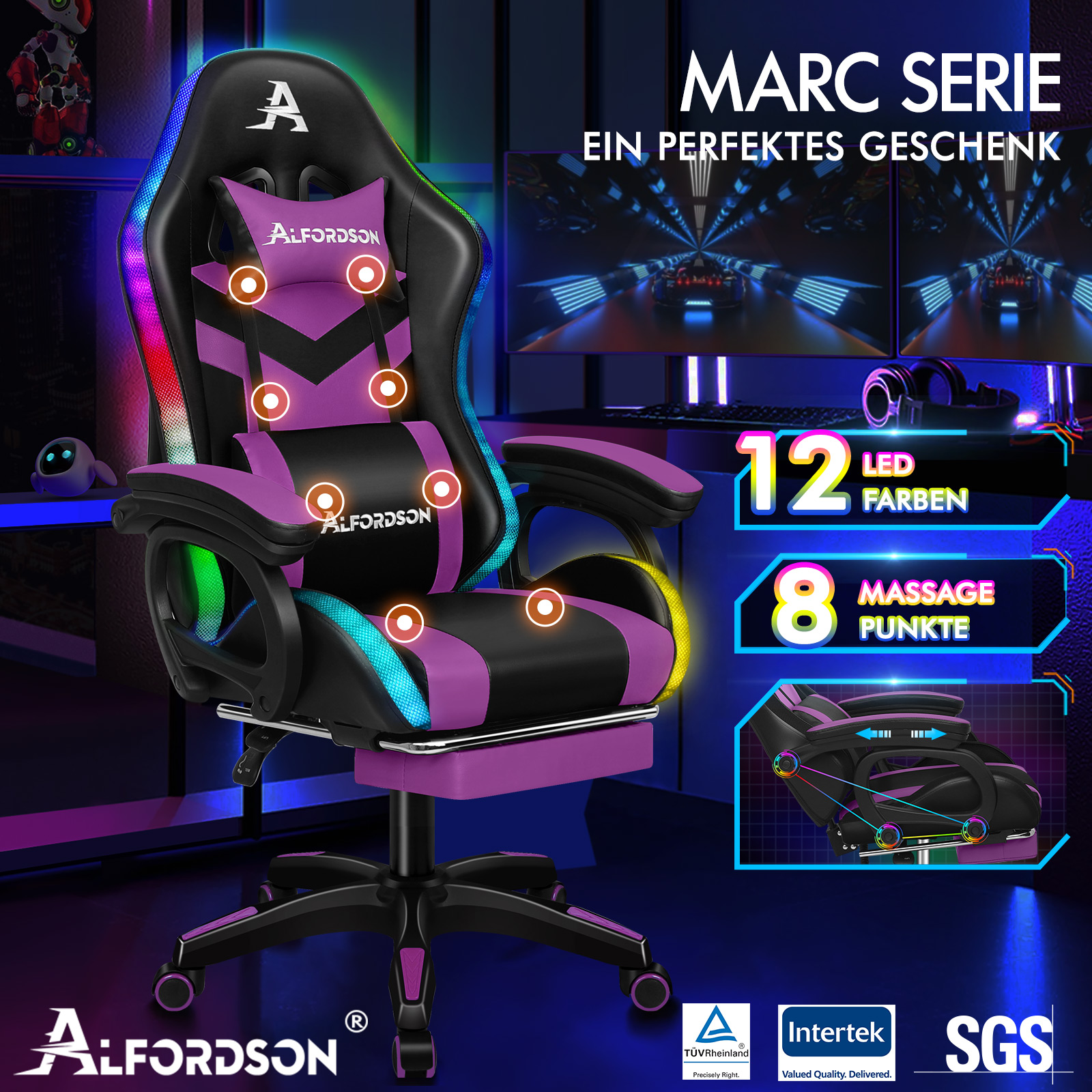 Lila-schwarzer Gaming-Stuhl mit LED-Beleuchtung und Massagepunkten vor einem Monitor.