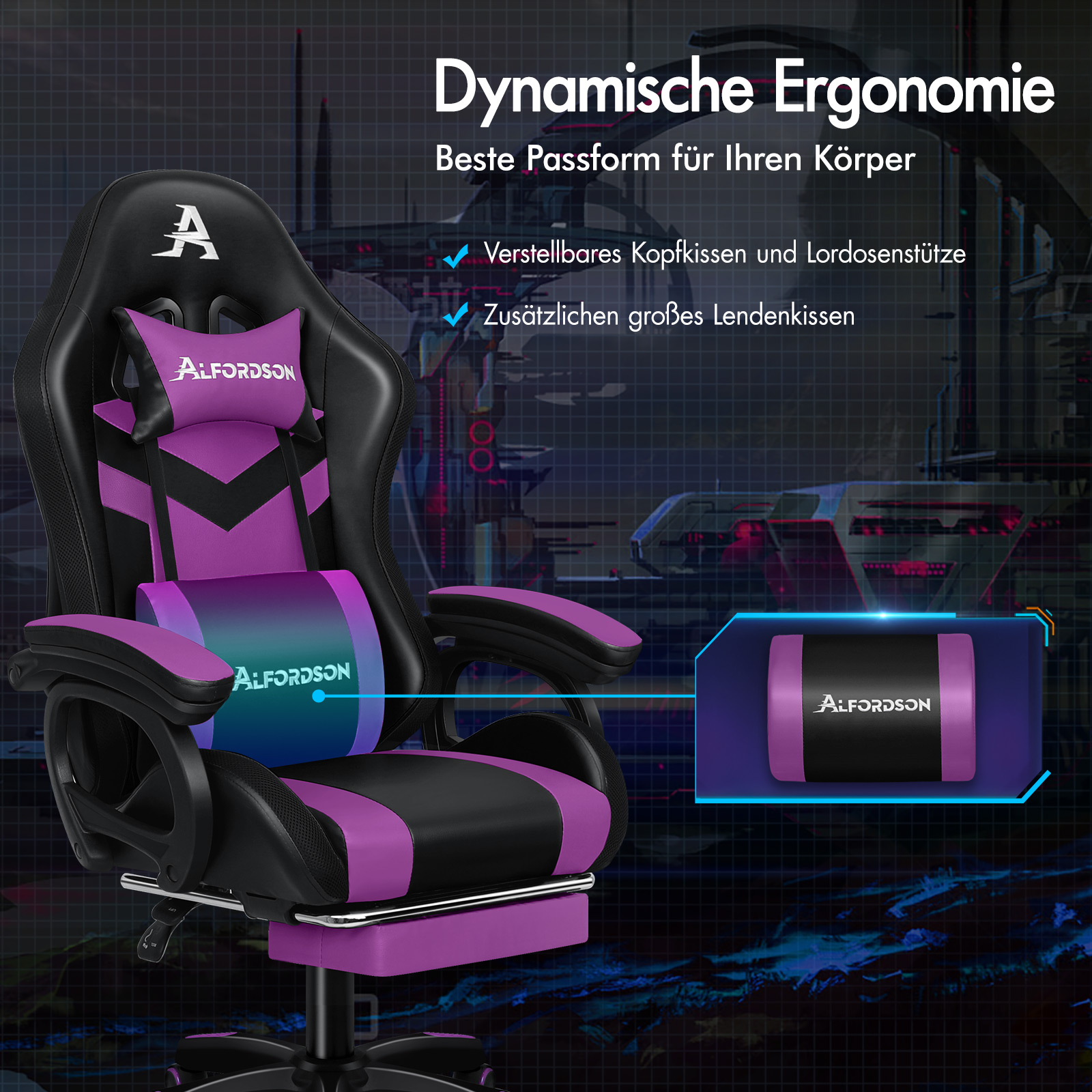 Ergonomischer schwarzer und violetter Gaming-Stuhl mit Kissen vor einem futuristischen Hintergrund.