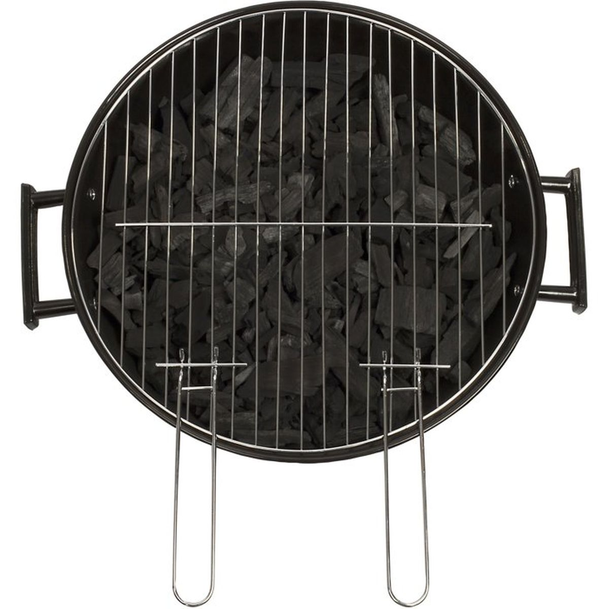 Ansicht von oben auf einen runden schwarzen Holzkohlegrill mit Holzkohle unter einem Metallrost.