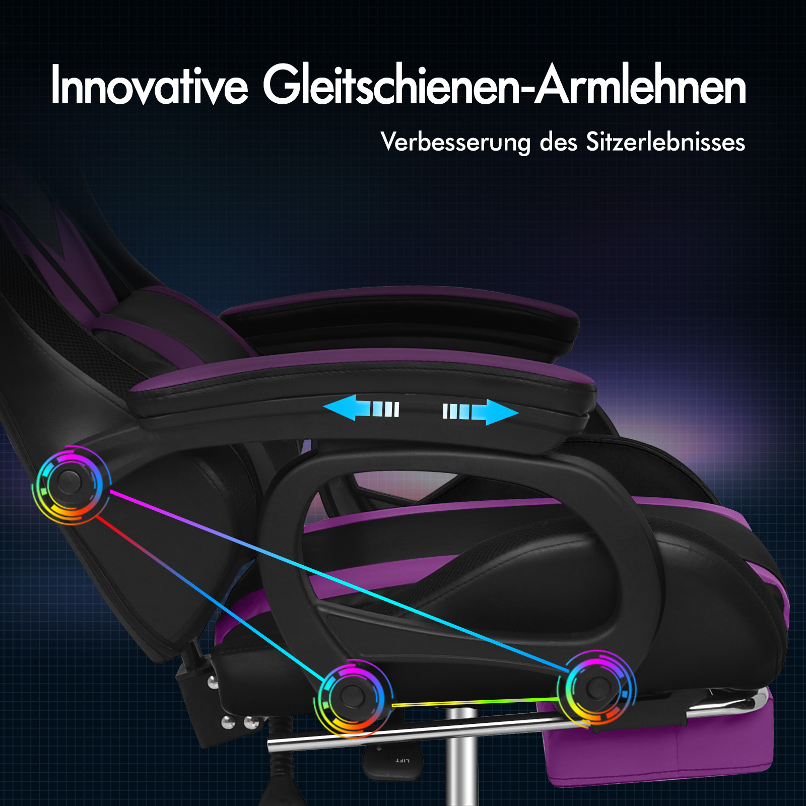 Seitenansicht eines schwarz-lauten Gaming-Stuhls mit verstellbaren Armlehnen und deutscher Textgrafik.