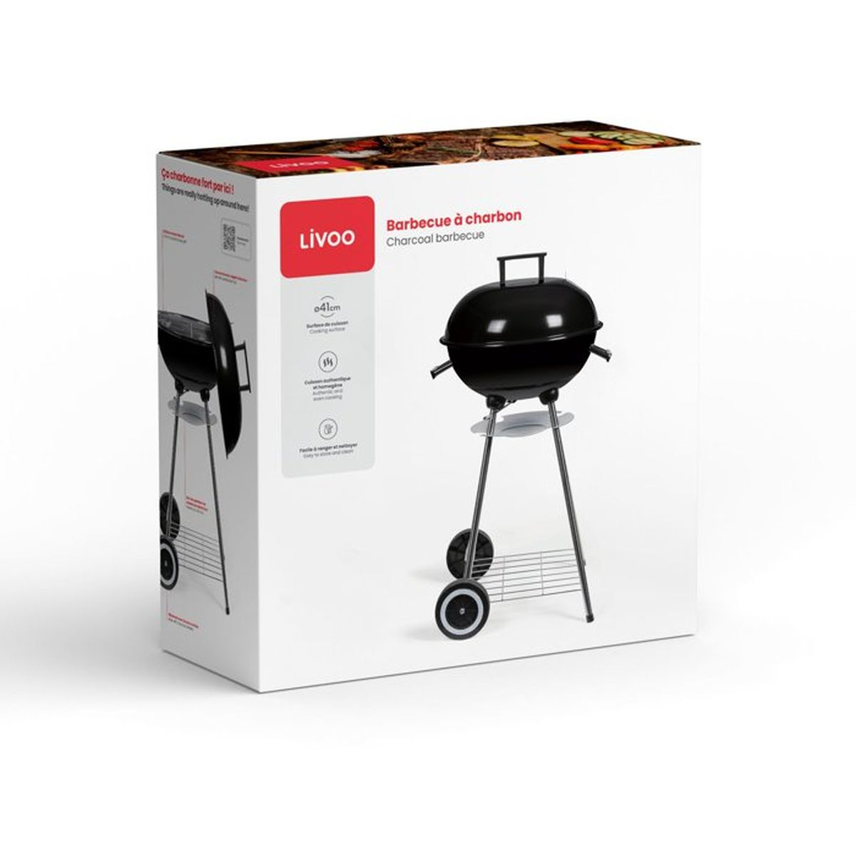 Produktverpackung eines schwarzen Livoo Holzkohlegrills auf weißem Hintergrund.