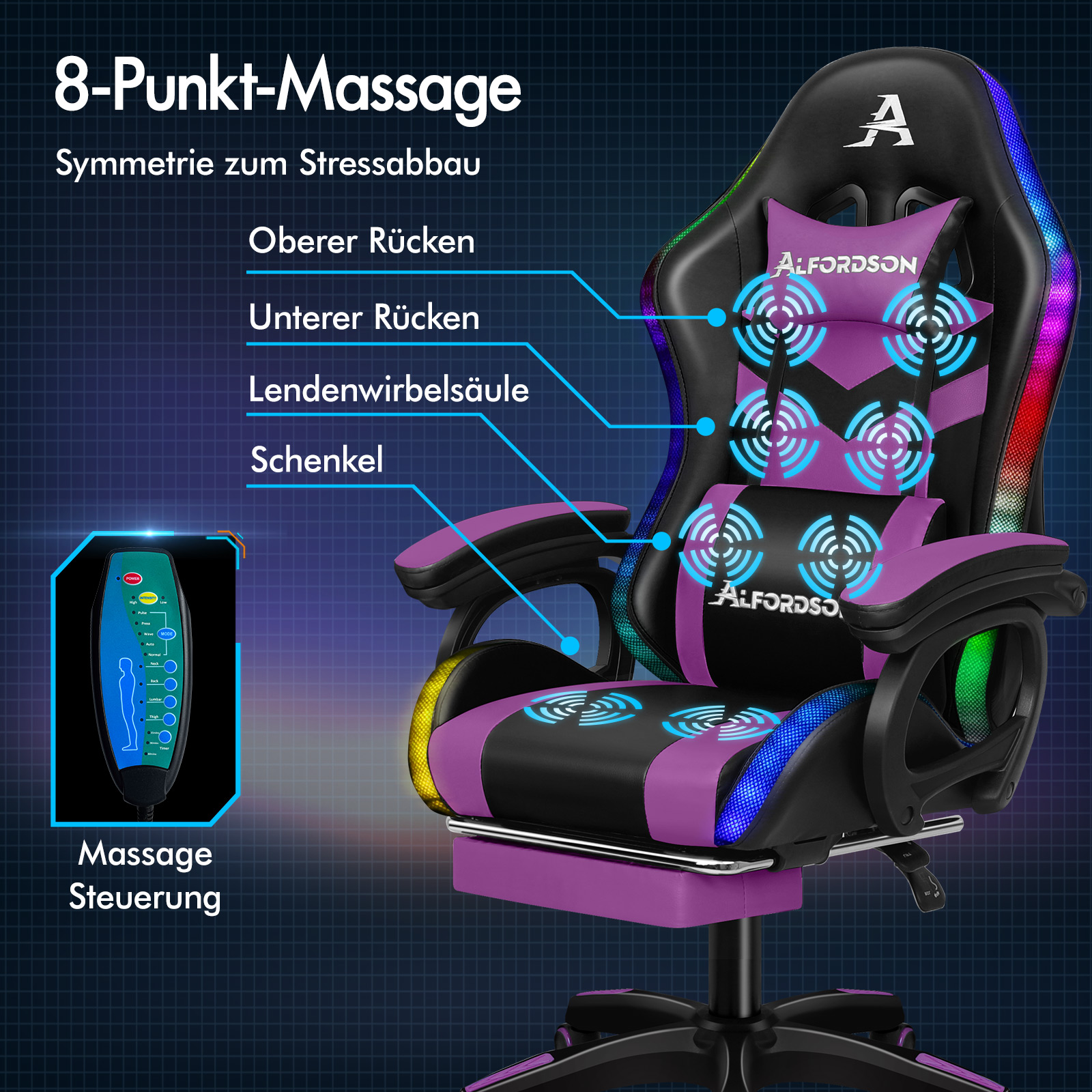 Gaming-Stuhl in Schwarz und Violett mit 8-Punkt-Massagefunktion, LED-Beleuchtung und Massage-Steuerung.