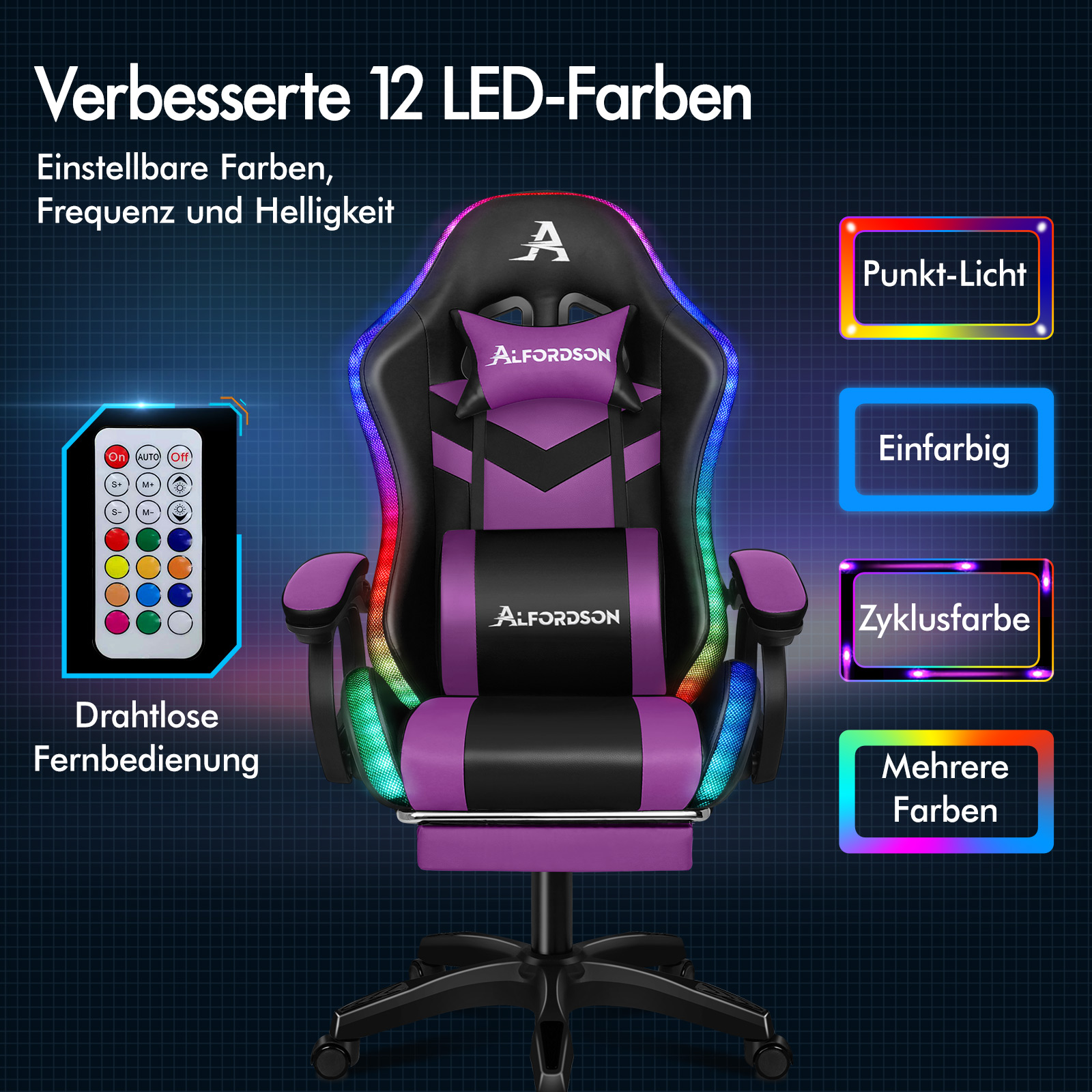 Ein lila-schwarzer Gaming-Stuhl mit RGB-LED-Beleuchtung und Fernbedienung vor dunklem Hintergrund.