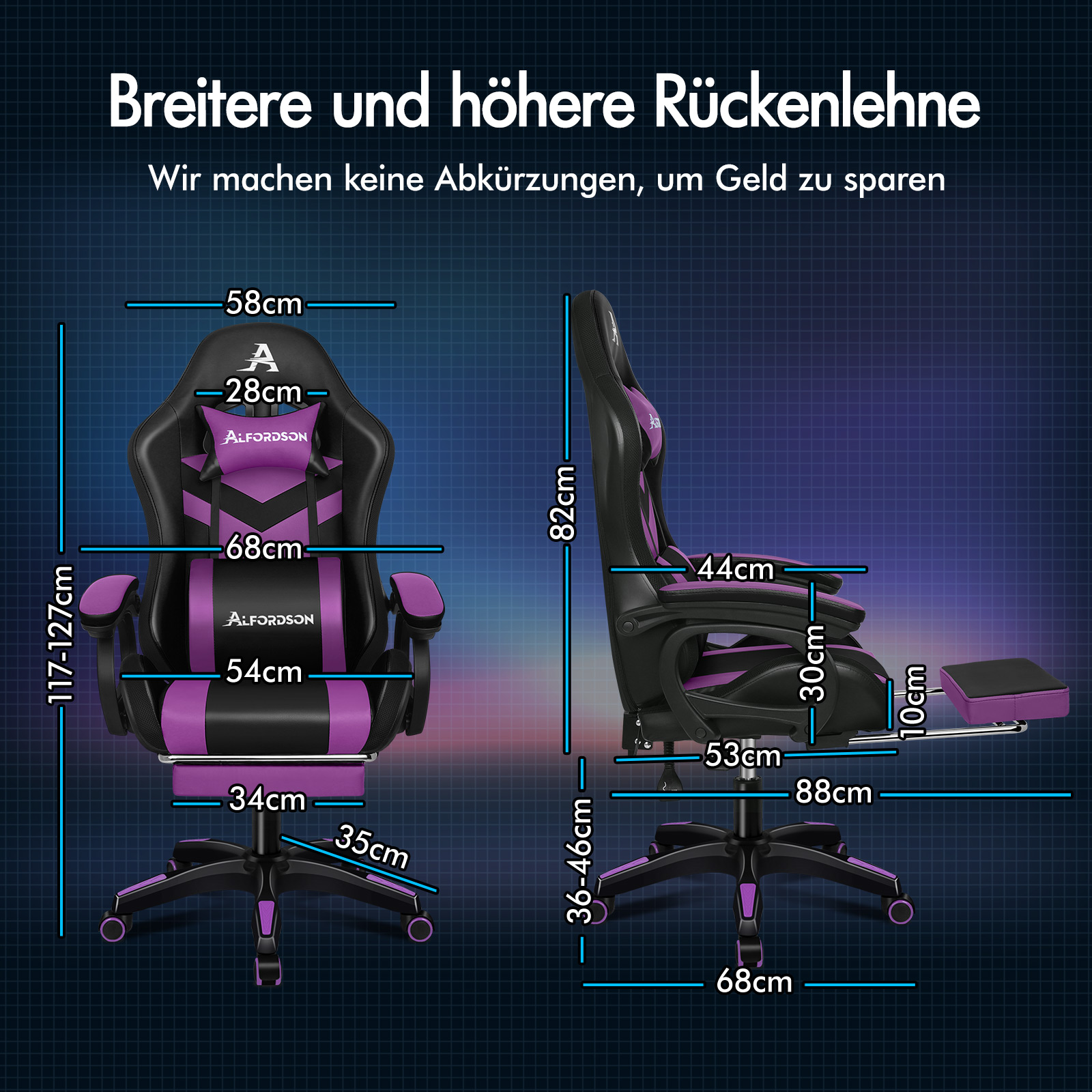 Technische Zeichnung eines schwarz-violetten Gaming-Stuhls mit detaillierten Maßangaben auf dunkelblauem Raster.