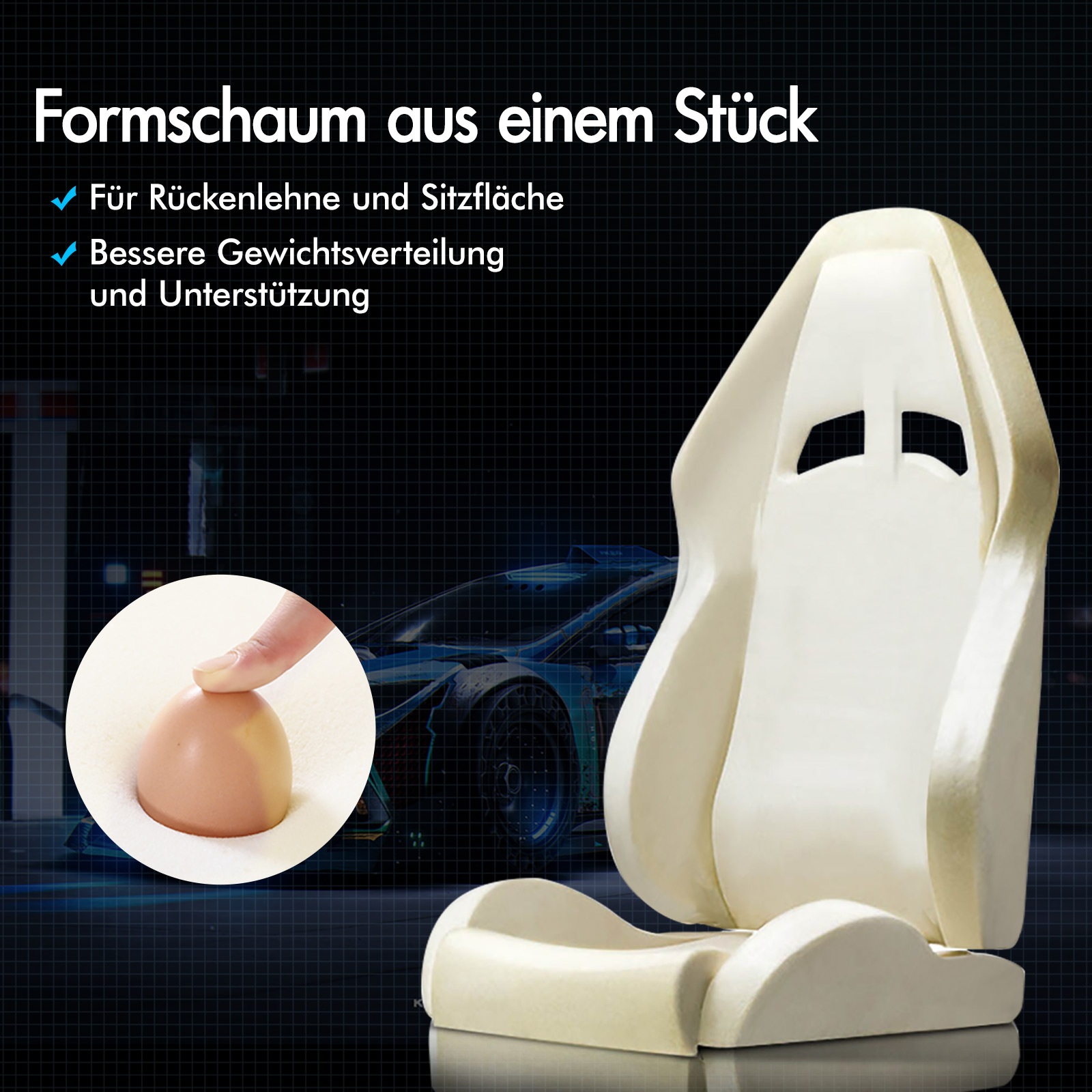 Einteiliger Formpartsitz mit Inset eines Fingers, der auf ein Ei drückt, auf dunklem Hintergrund.