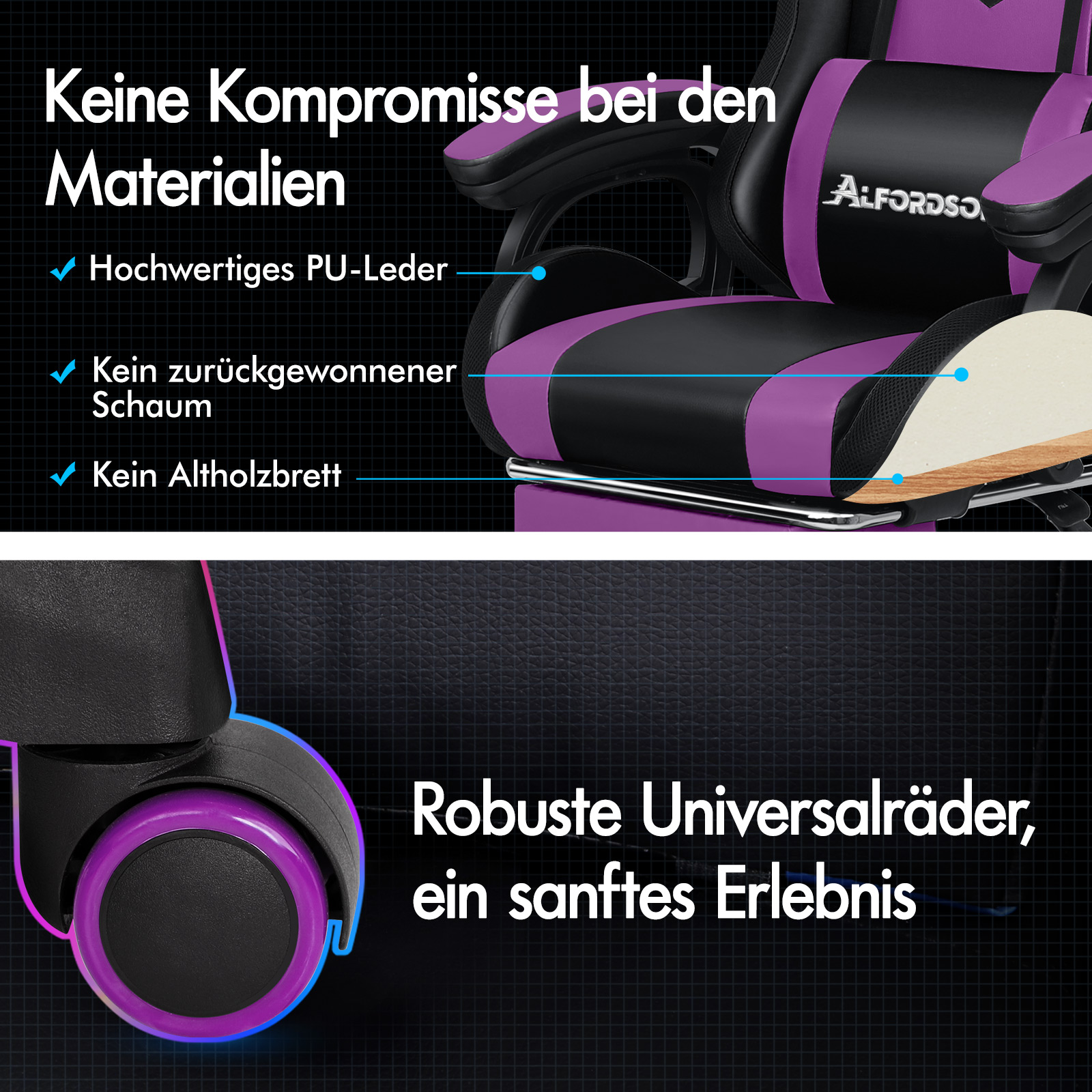 Ein lila-schwarzer Gaming-Stuhl mit PU-Leder, Schaumstoff und robusten Rollen.