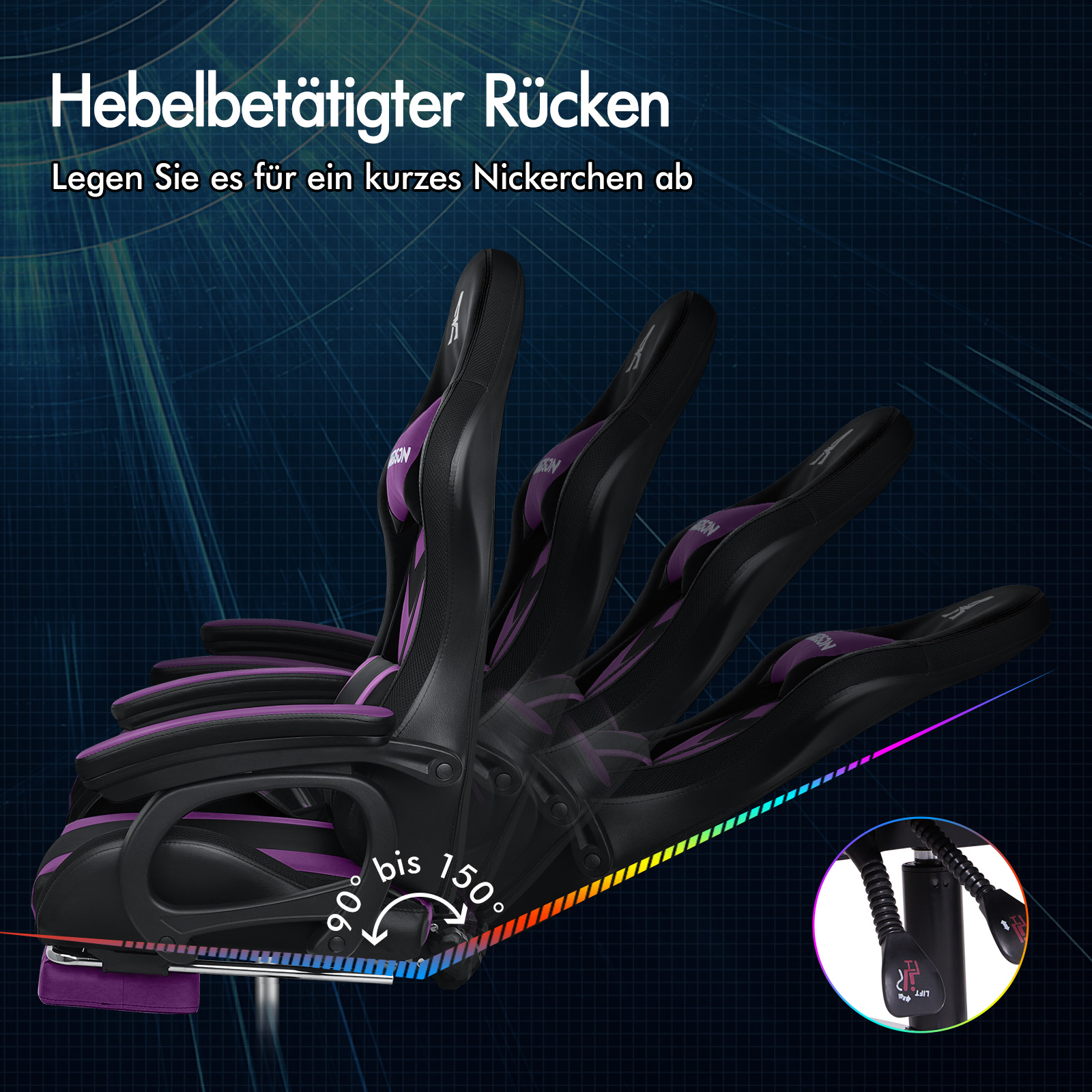 Ein schwarz-lila Gaming-Stuhl zeigt die Verstellbarkeit der Rückenlehne von 90 bis 150 Grad.