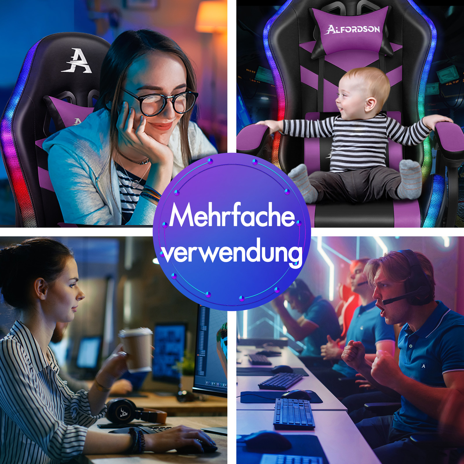 Verschiedene Personen und ein Kleinkind nutzen einen farbigen Gaming-Stuhl und Computer in einem beleuchteten Raum.