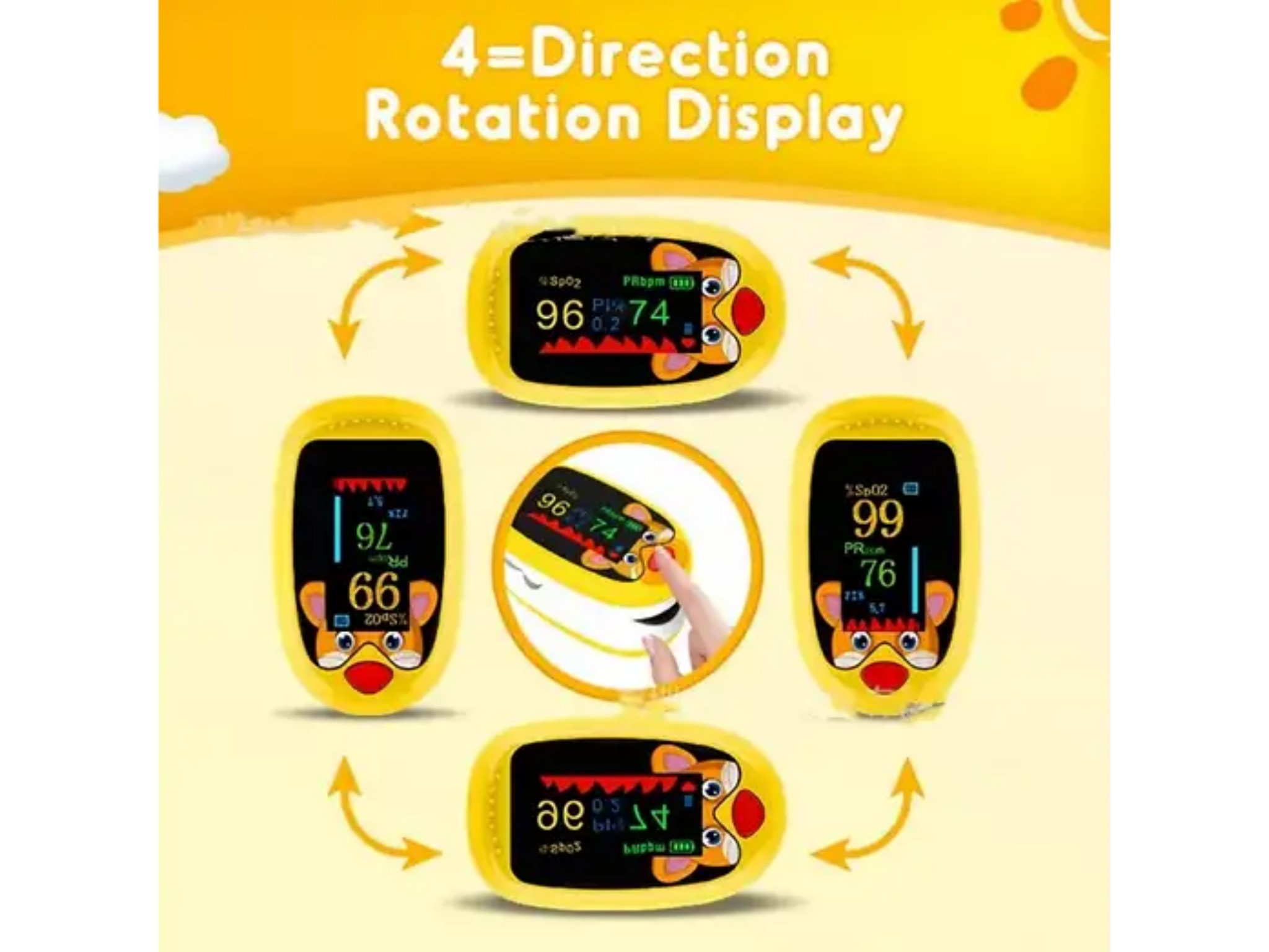 Gelbes Finger-Pulsoximeter mit drehbarem Tier-Display.