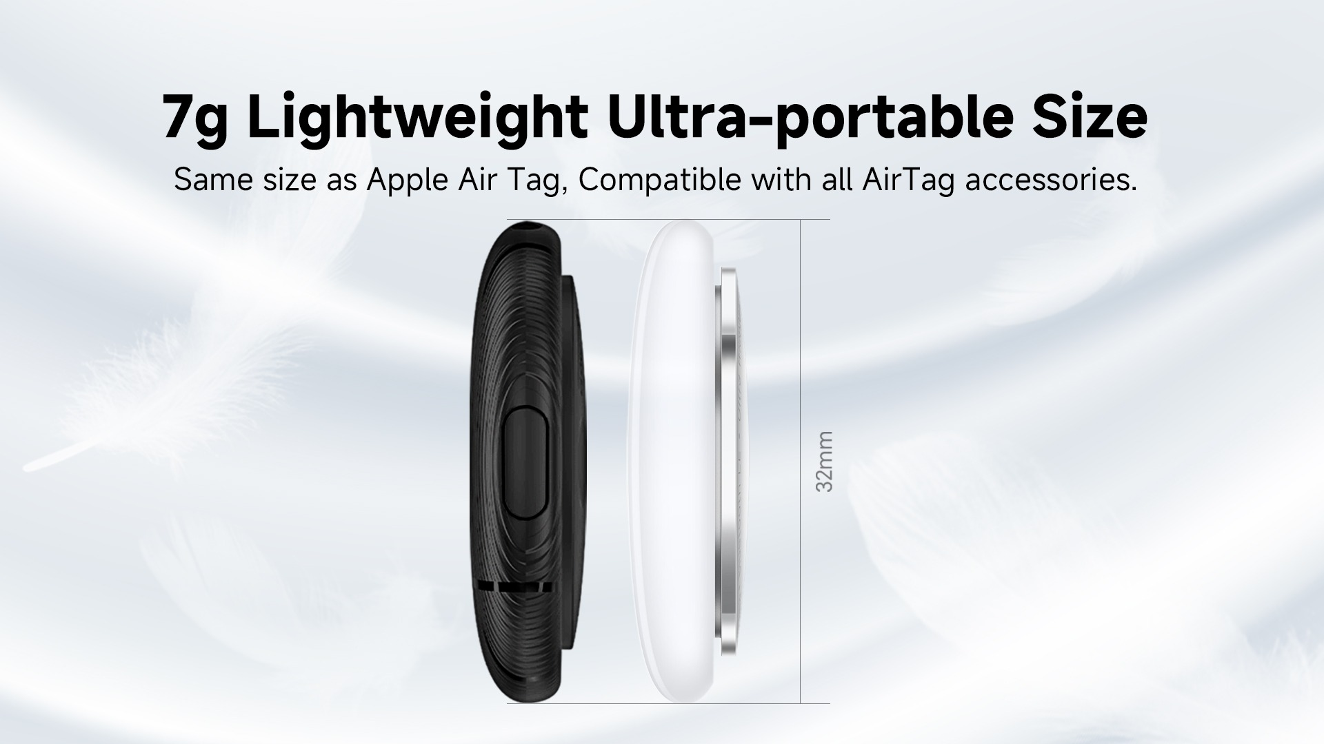 Text besagt 7g leicht ultra-tragbare Größe, zeigt ein schwarzes Tracker-Etui neben einem weißen AirTag.