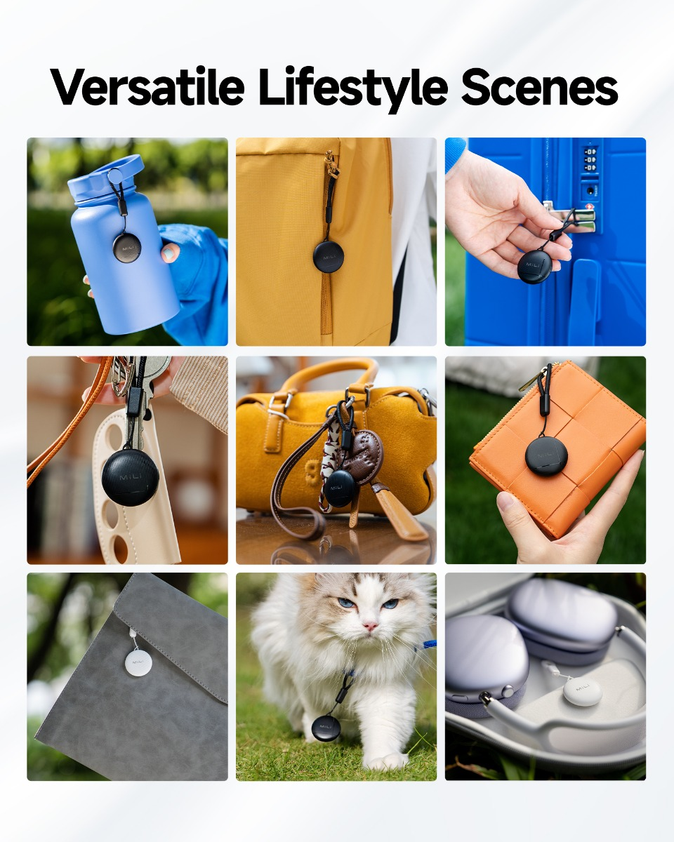 Ein Collage-Bild zeigt kleine schwarze und weiße Tracker, die an Flaschen, Taschen, Koffern, Schlüsseln und einer Katze hängen.