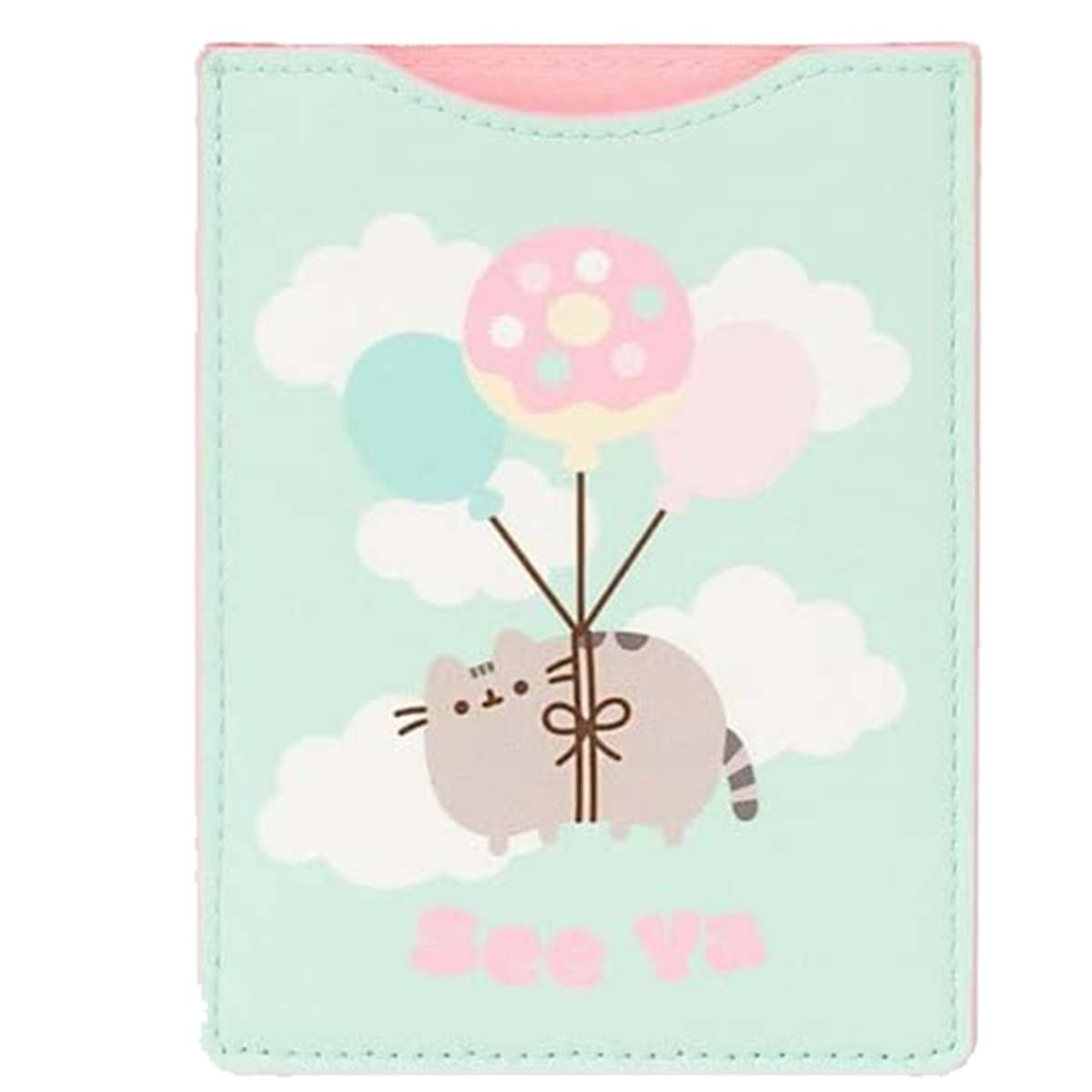 Ein mintgrüner Kartenhalter mit einer Zeichentrickkatze, die mit bunten Luftballons und einem Donut über Wolken schwebt.