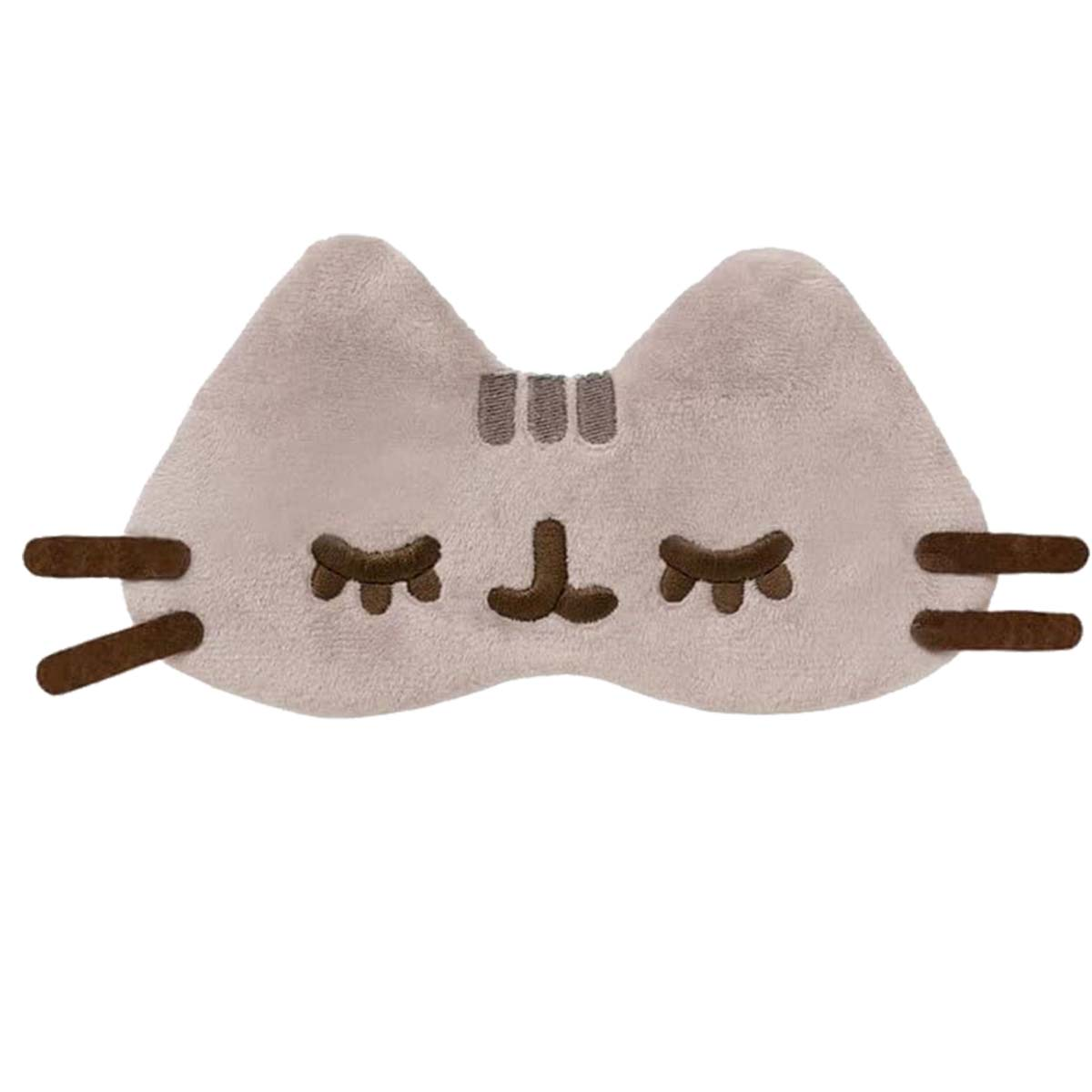 Plüschige graue Katzen-Schlafmaske mit gesticktem Gesicht, geschlossenen Augen und Schnurrhaaren auf weißem Grund.