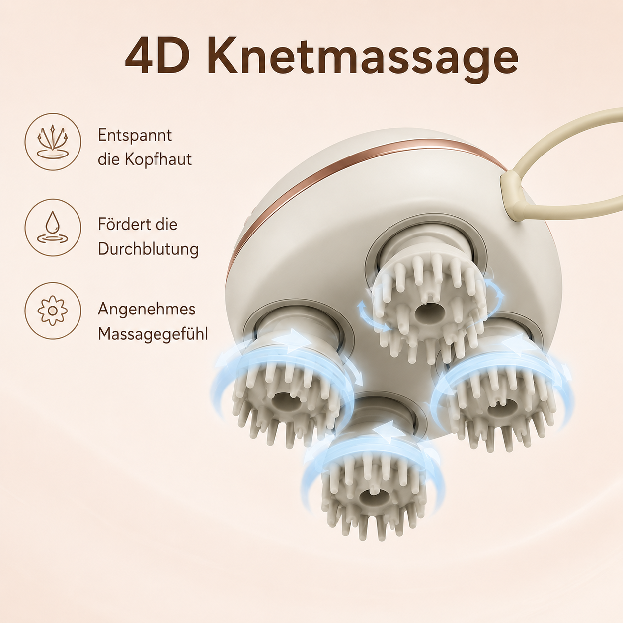 Beige Kopfmassagegerät mit vier rotierenden Massageköpfen und Text auf beigem Hintergrund.