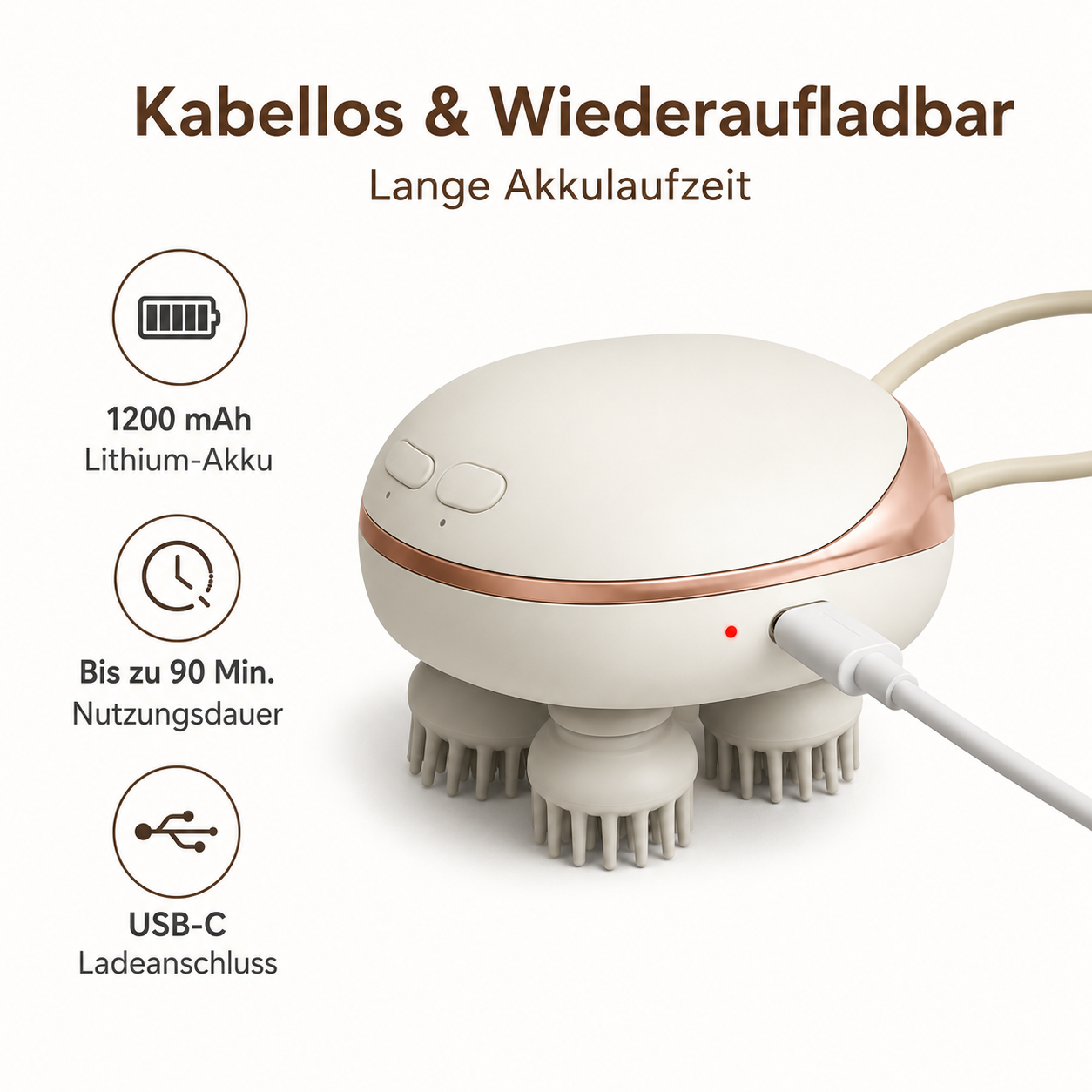 Kabelloses, wiederaufladbares Kopfmassagegerät mit vier Massageköpfen, USB-C-Anschluss und Akkustandsanzeige.