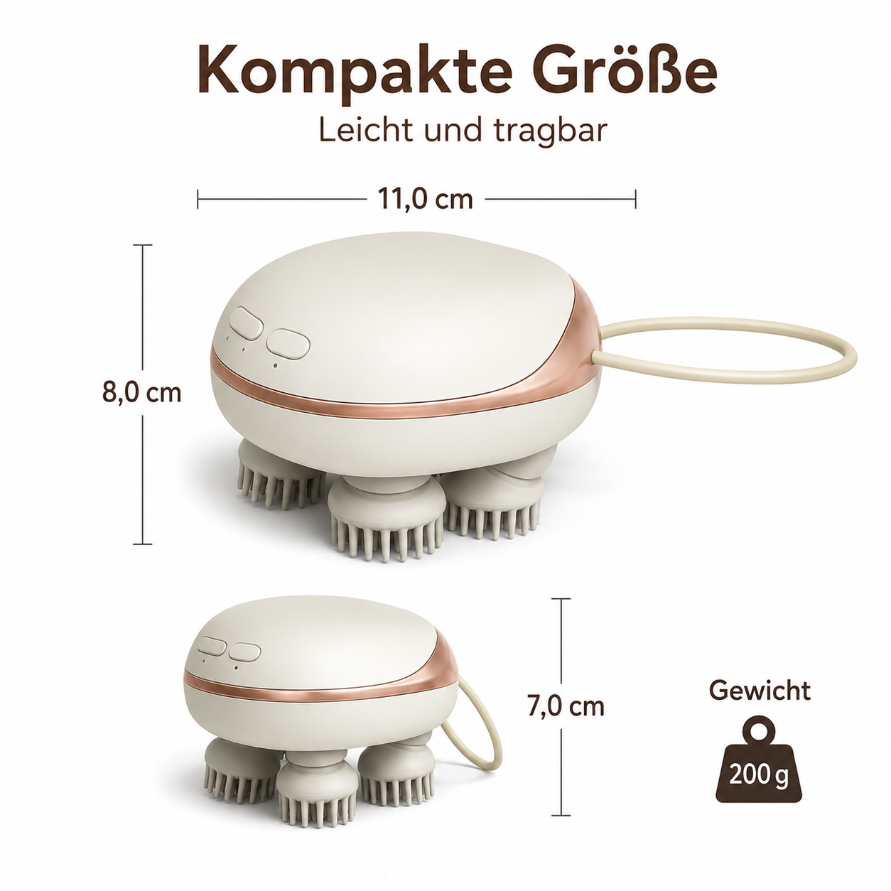 Kompakter weiß-roségoldener Kopfhocker mit vier Massageköpfen, Abmessungen von 11x8 cm und 200g Gewicht.
