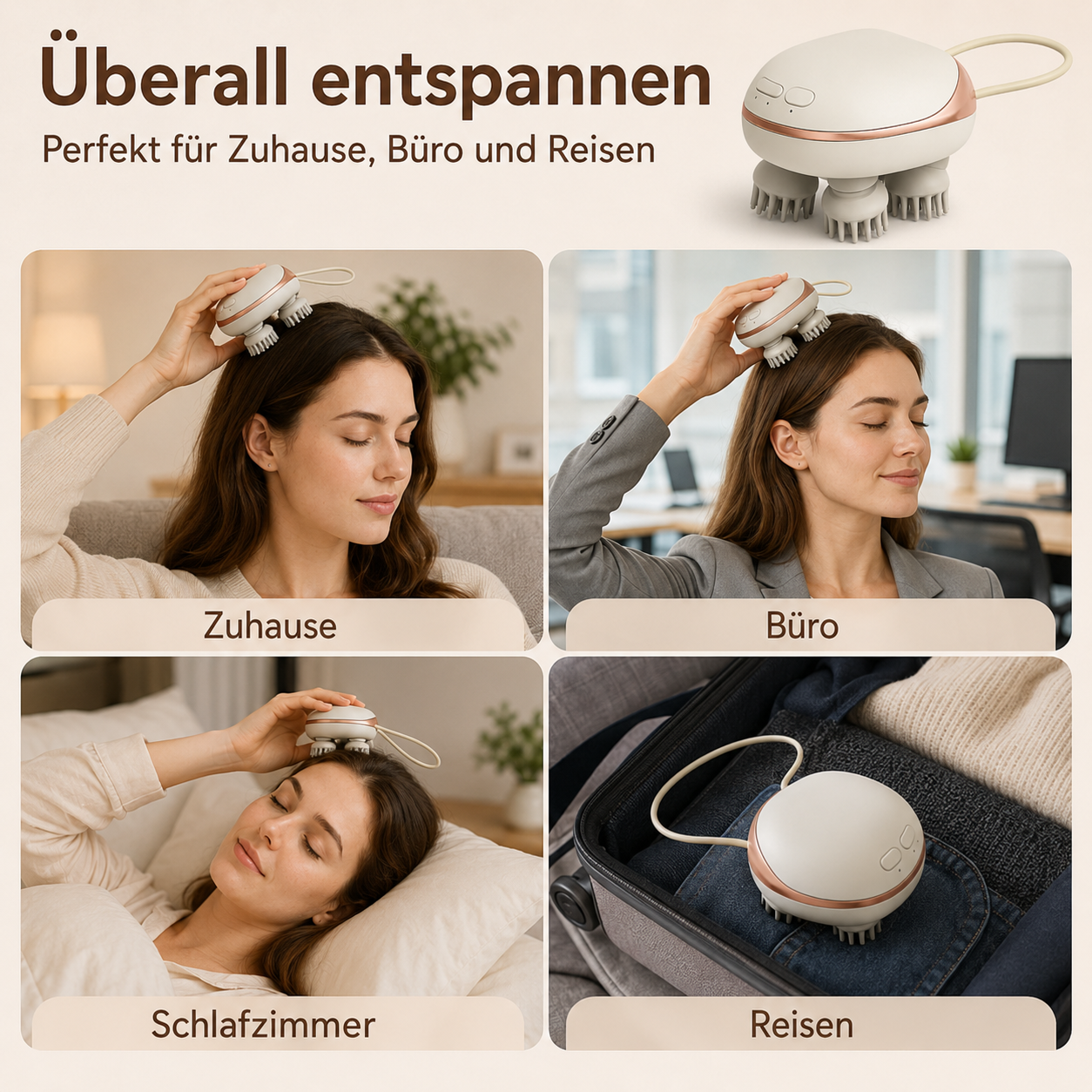 Eine Frau nutzt ein kompaktes, beiges Kopfmassagegerät zu Hause, im Büro, im Schlafzimmer und beim Reisen.