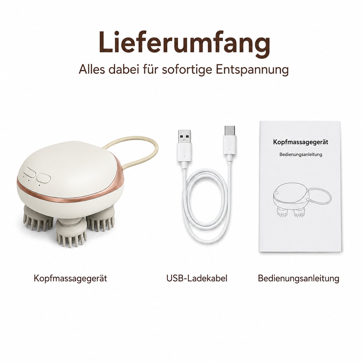 Lieferumfang: Ein Kopfmassagegerät, ein USB-Ladekabel und eine Bedienungsanleitung auf weißem Hintergrund.