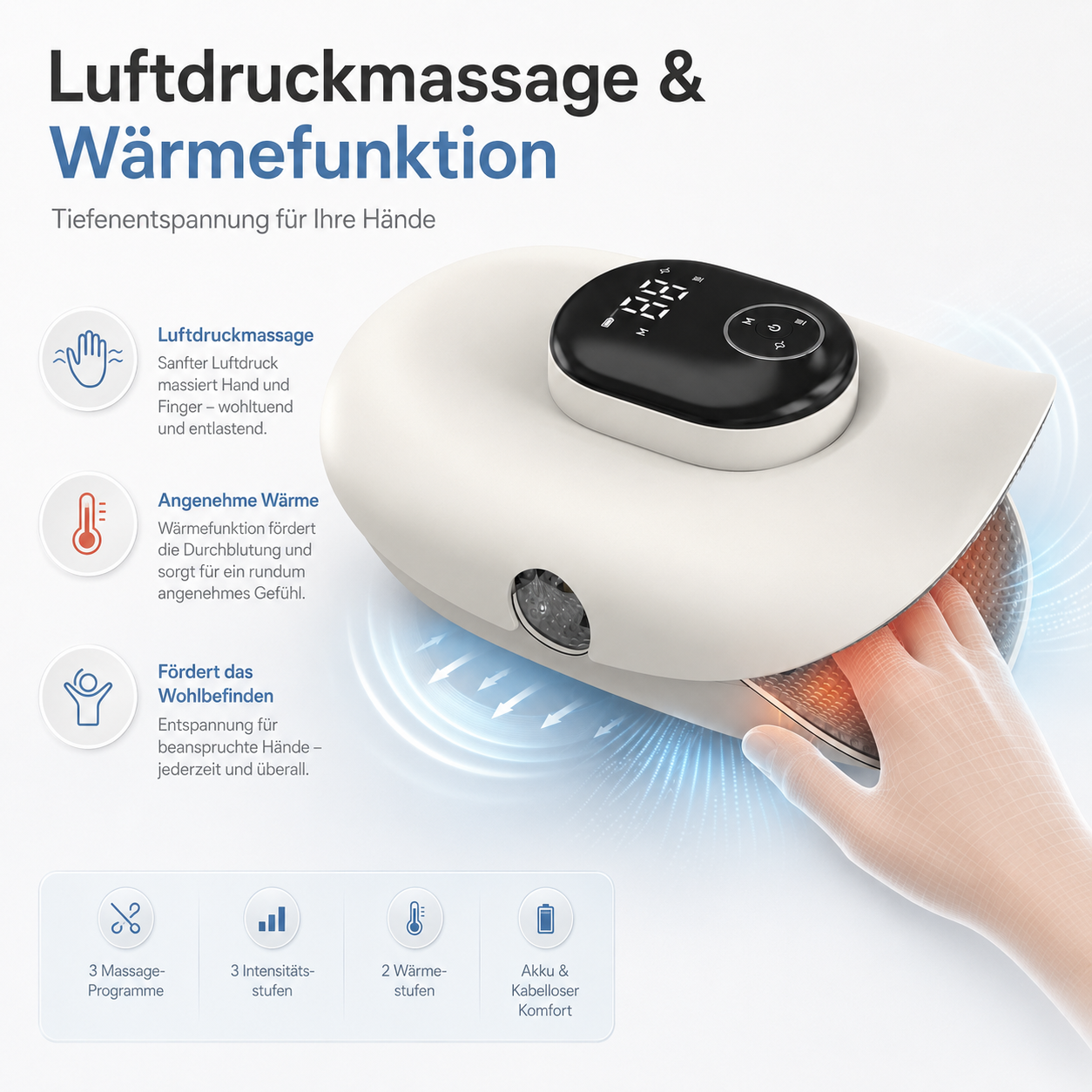 Ein weißes Handmassagegerät mit digitalem Display und einer Hand innen, umgeben von Text und Symbolen.
