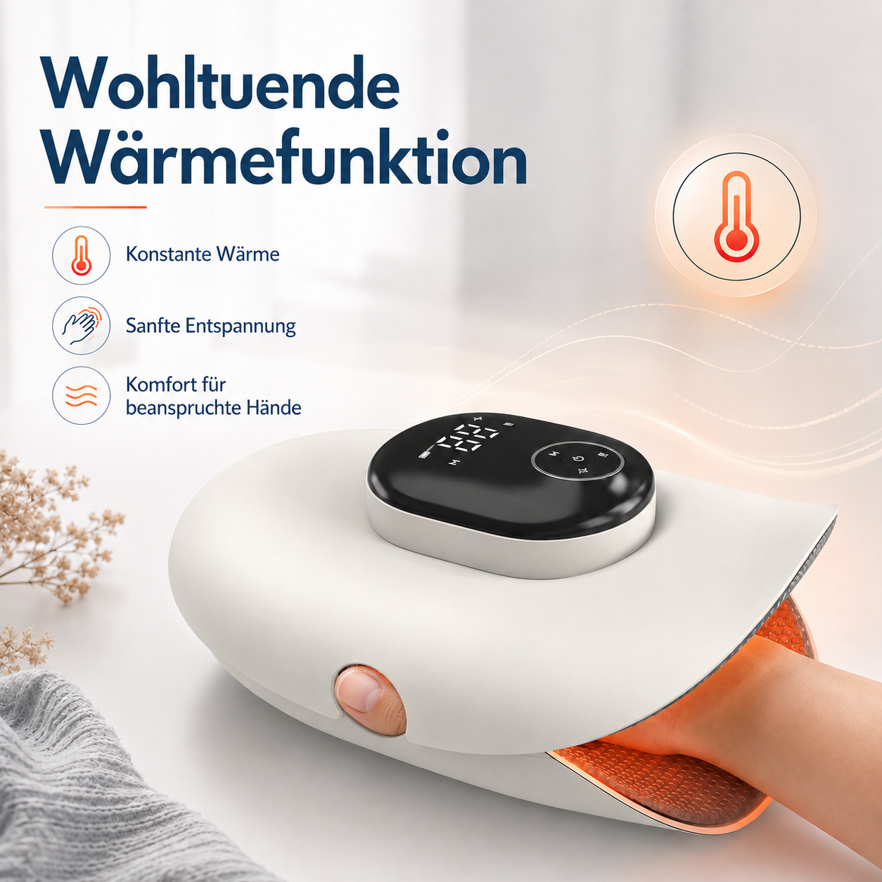 Ein weißes Handmassagegerät mit digitalem Display wärmt eine Hand im Inneren, flankiert von deutschem Text und Symbolen.