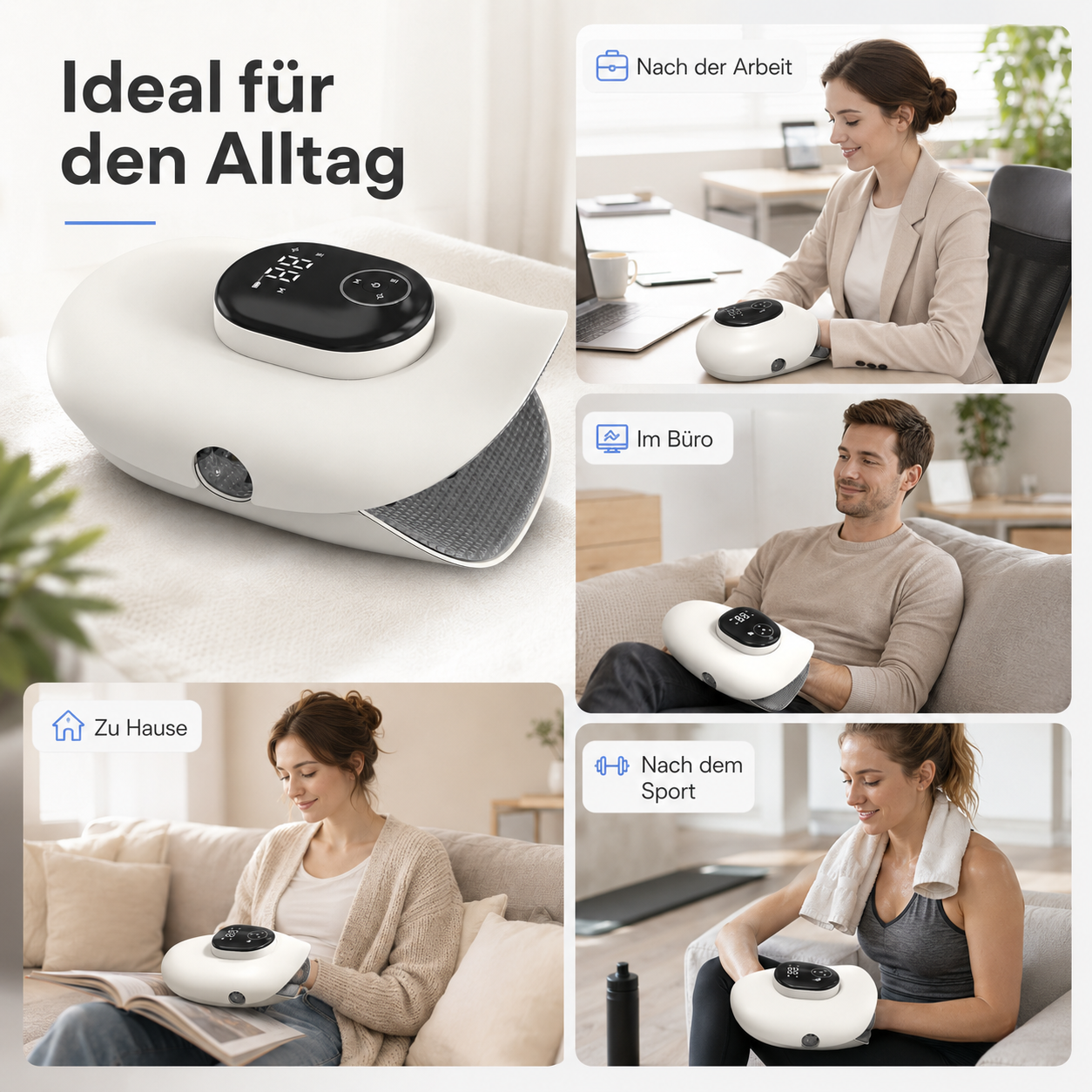 Eine Handmassagegerät wird von verschiedenen Personen zu Hause, im Büro und nach dem Sport verwendet.
