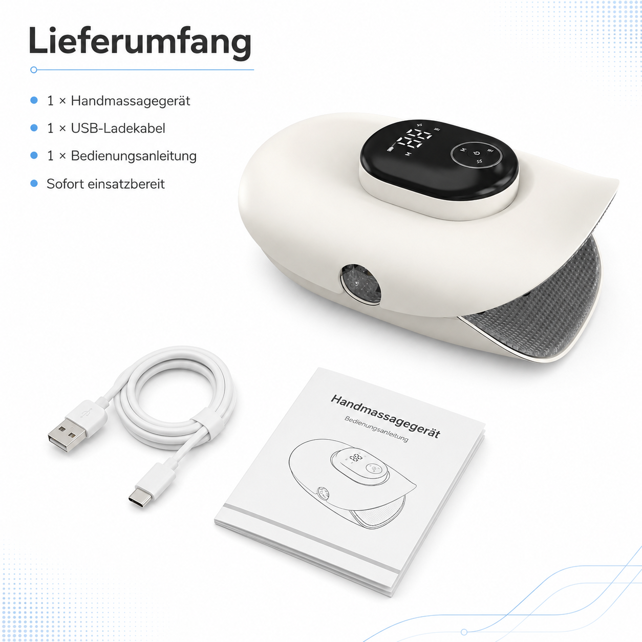 Lieferumfang: Ein weißes Handmassagegerät, ein USB-Ladekabel und eine Bedienungsanleitung.