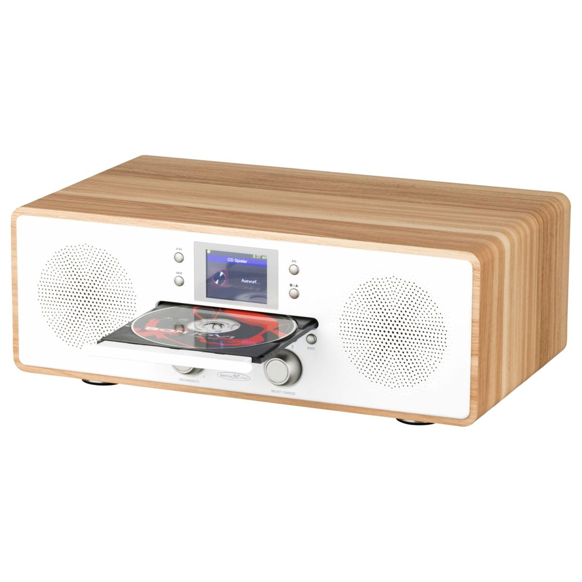 Ein Holzradio mit weißer Front, zwei Lautsprechern, einem kleinen Display und eingelegter CD.