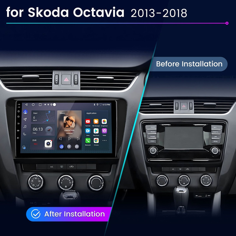 Vergleich des Skoda Octavia Armaturenbretts vor und nach dem Einbau eines großen Touchscreen-Bildschirms.