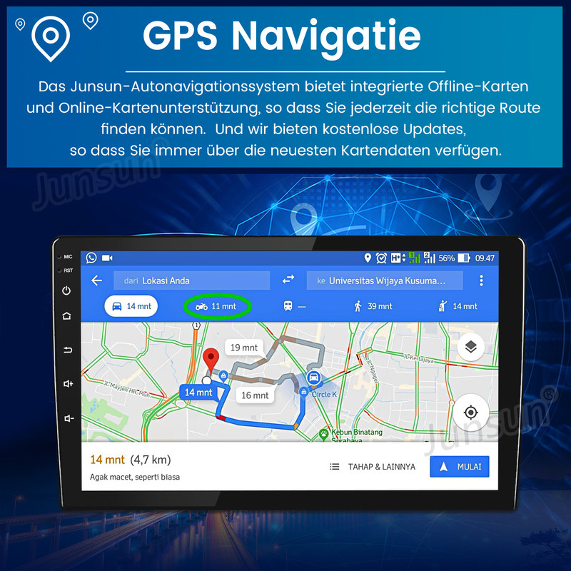 Ein GPS-Navigationsbildschirm zeigt eine digitale Karte und Routenoptionen.