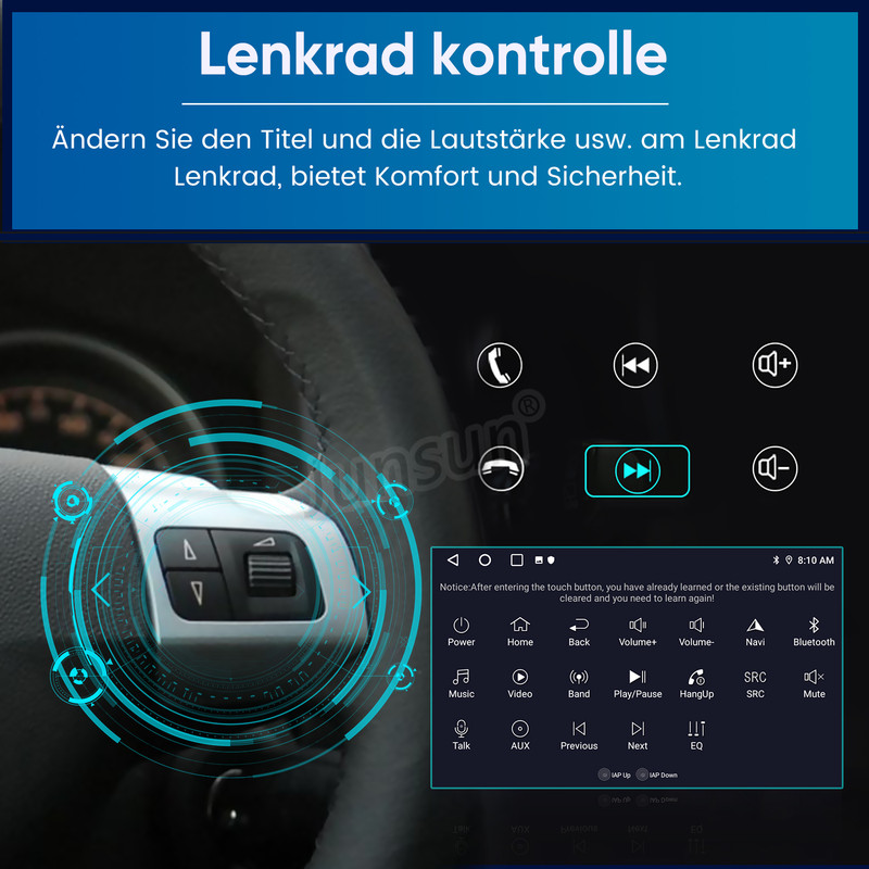 Lenkradsteuerung für Autoradio mit Tasten und digitalen Symbolen.