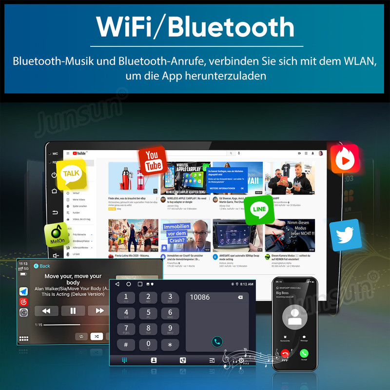 Auto-Multimedia-Display mit App-Icons, Musik-Player, Telefonwählblock und Smartphone-Integration.