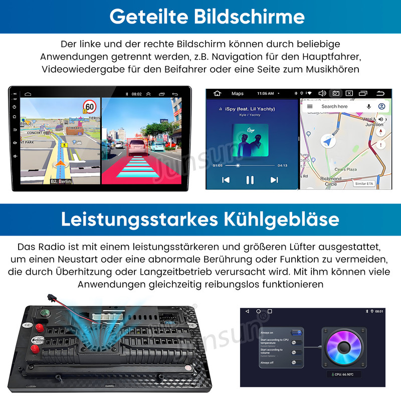 Informatives Bild zeigt geteilten Bildschirm und Kühler eines Autoradios mit deutschem Text.