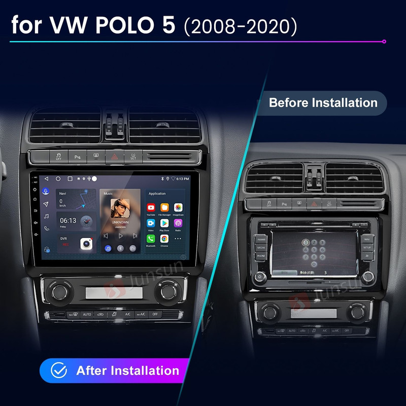 Vergleich eines VW Polo Cockpits vor und nach der Installation eines neuen Infotainmentsystems.