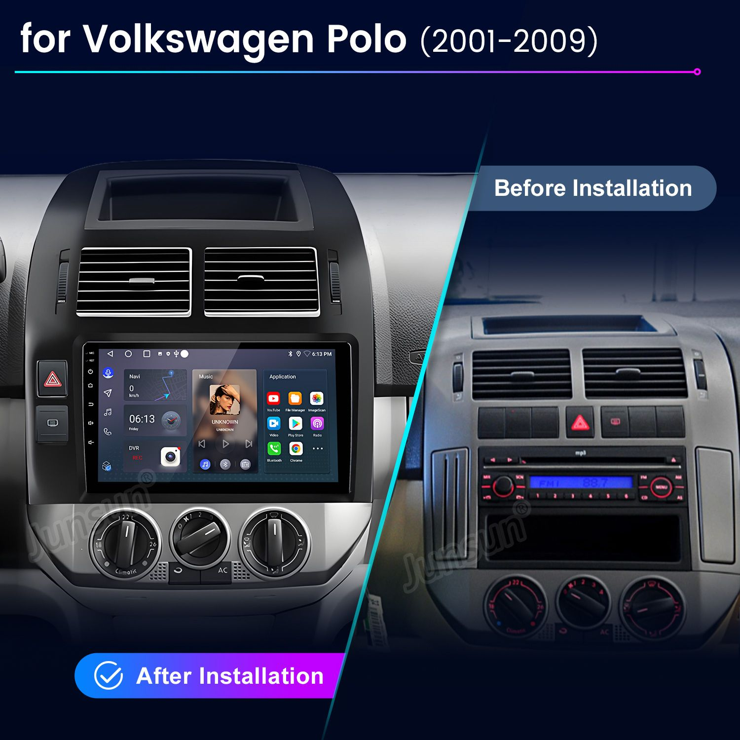 Vergleich eines Armaturenbretts vor und nach dem Einbau eines Multimedia-Touchscreens für VW Polo.