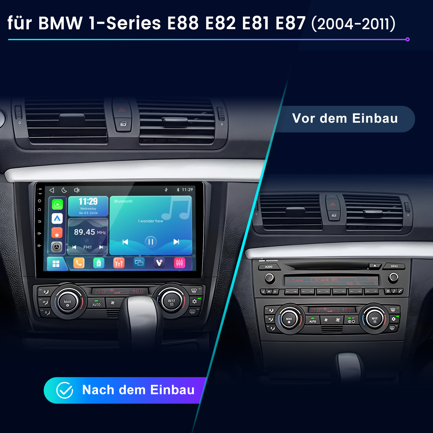 Vergleich zweier BMW Armaturenbretter vor und nach dem Einbau eines Multimedia-Radios.