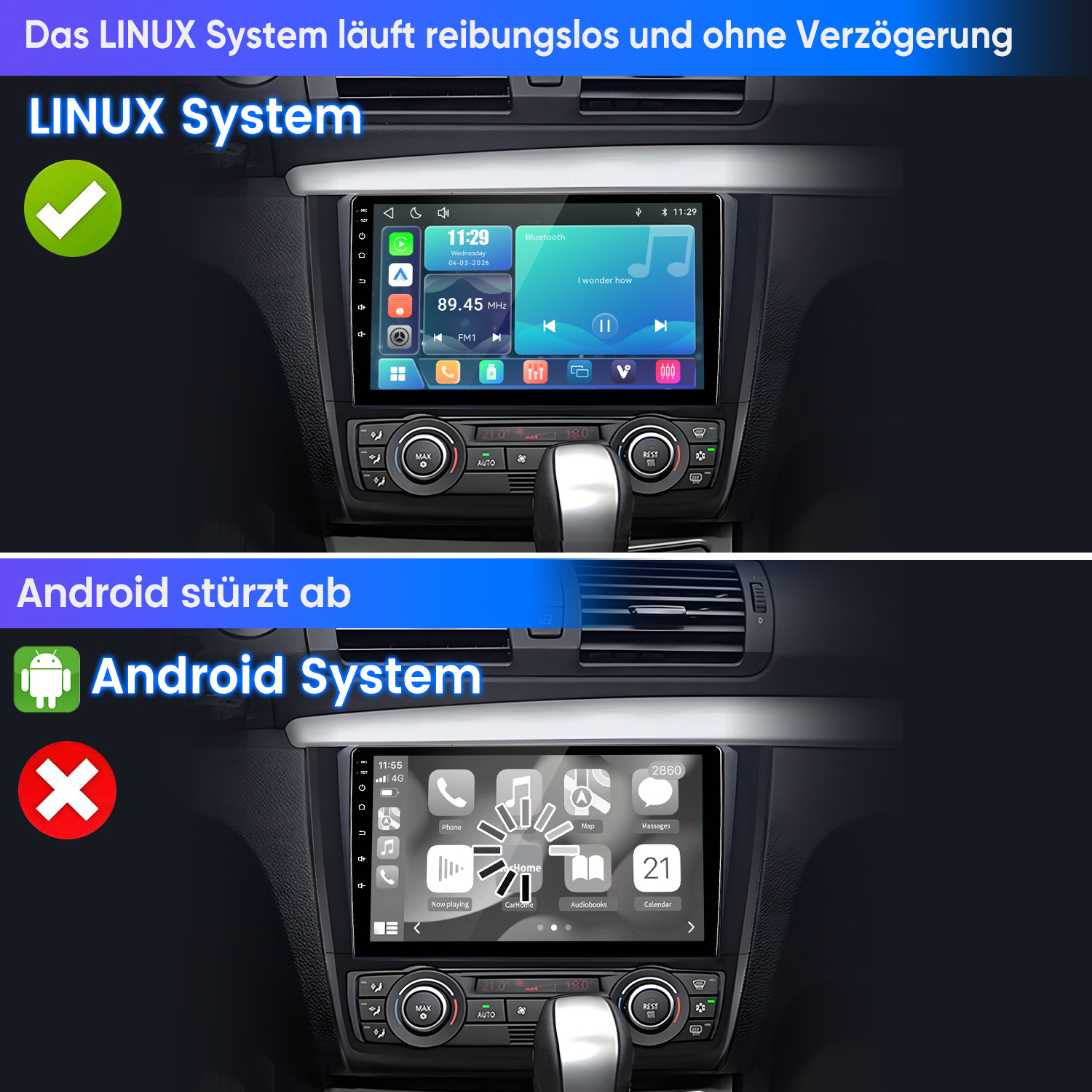 Vergleich zweier Autodisplays: Linux läuft reibungslos, während Android abstürzt.