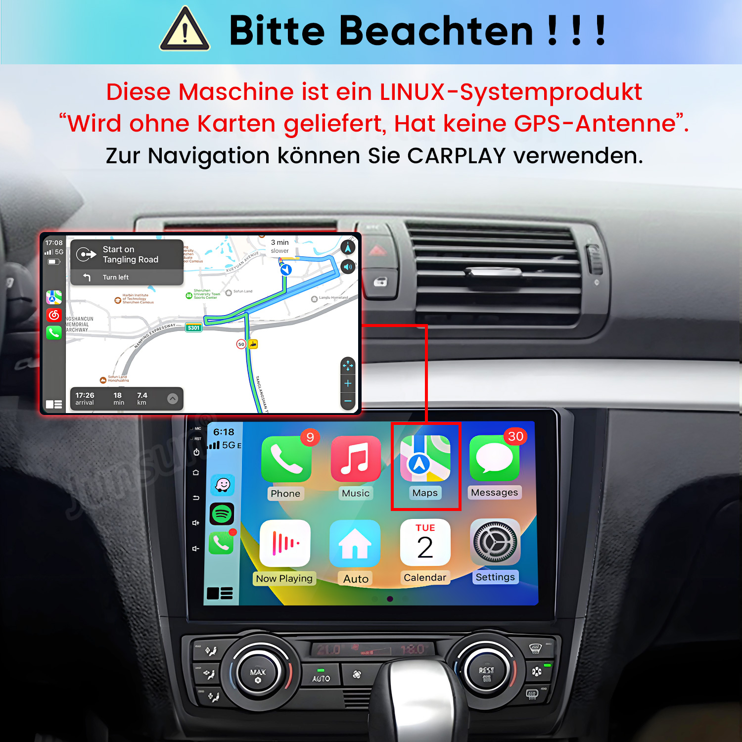 Ein Auto-Armaturenbrett mit einem digitalen Infotainment-Bildschirm mit Apple CarPlay und Karten-Navigation.